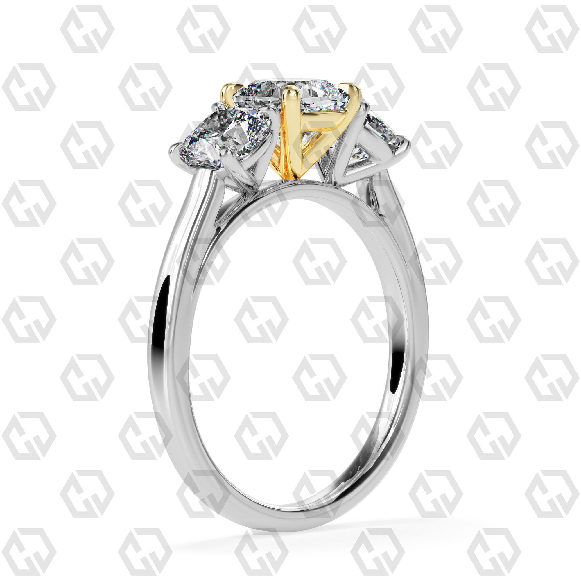 Ring 132 Cushion 3 stone ring plain cathedral shank 3D print model_10