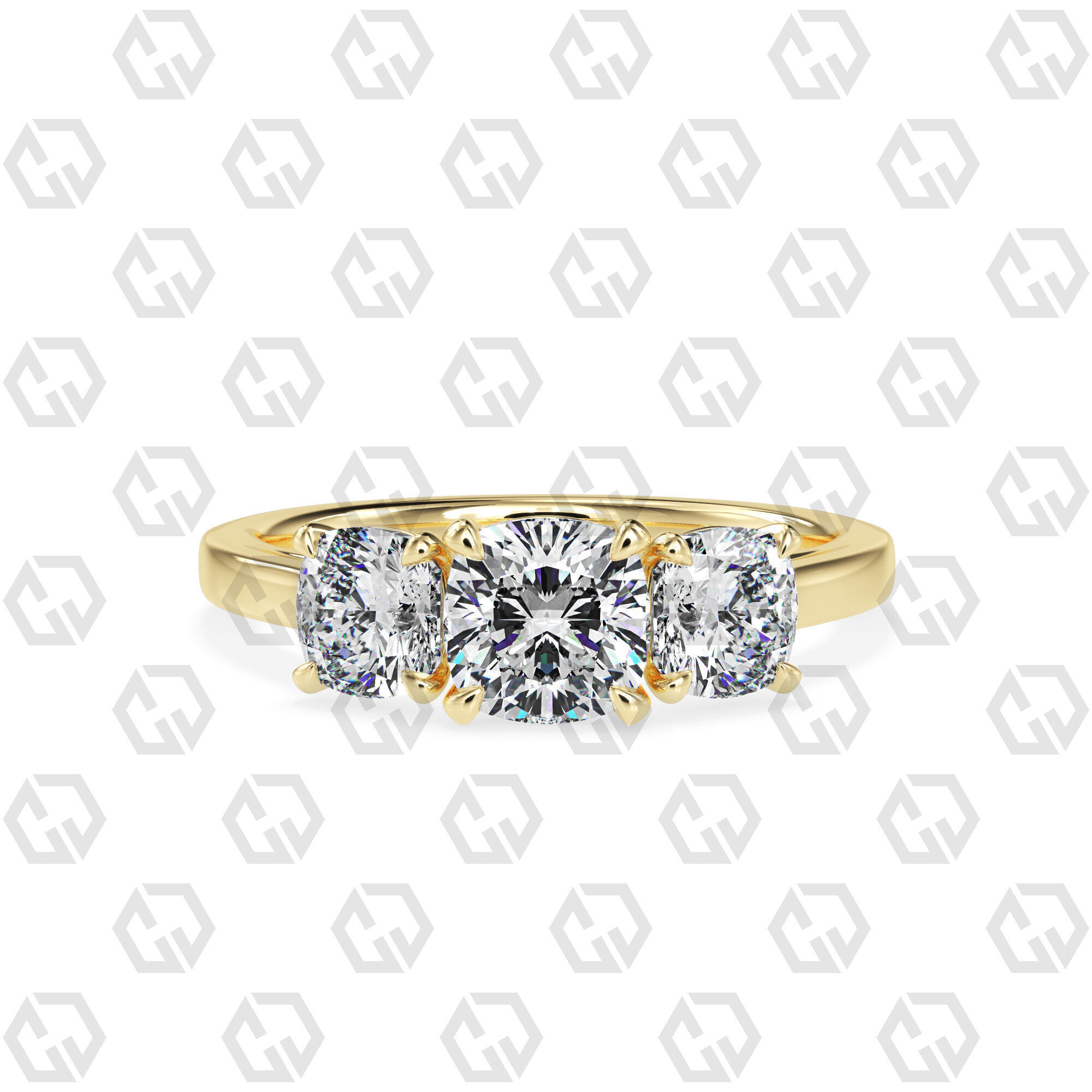 Ring 132 Cushion 3 stone ring plain cathedral shank 3D print model_13