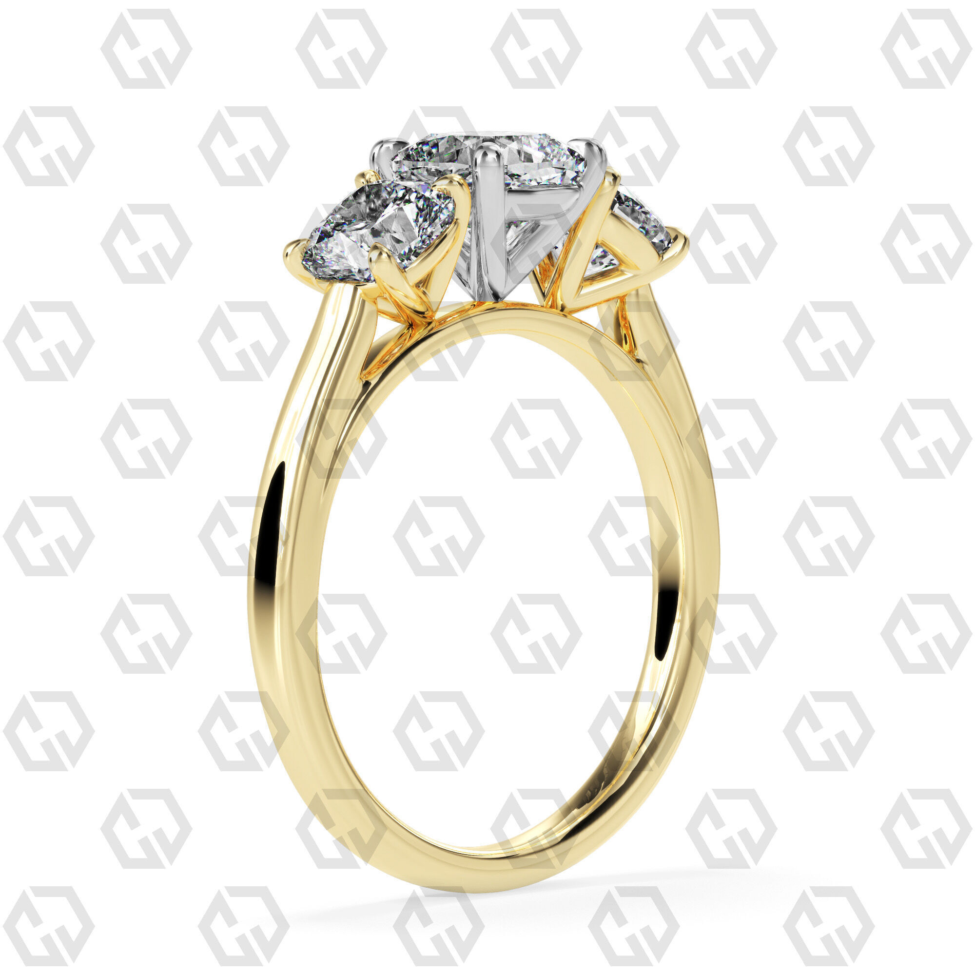 Ring 132 Cushion 3 stone ring plain cathedral shank 3D print model_8