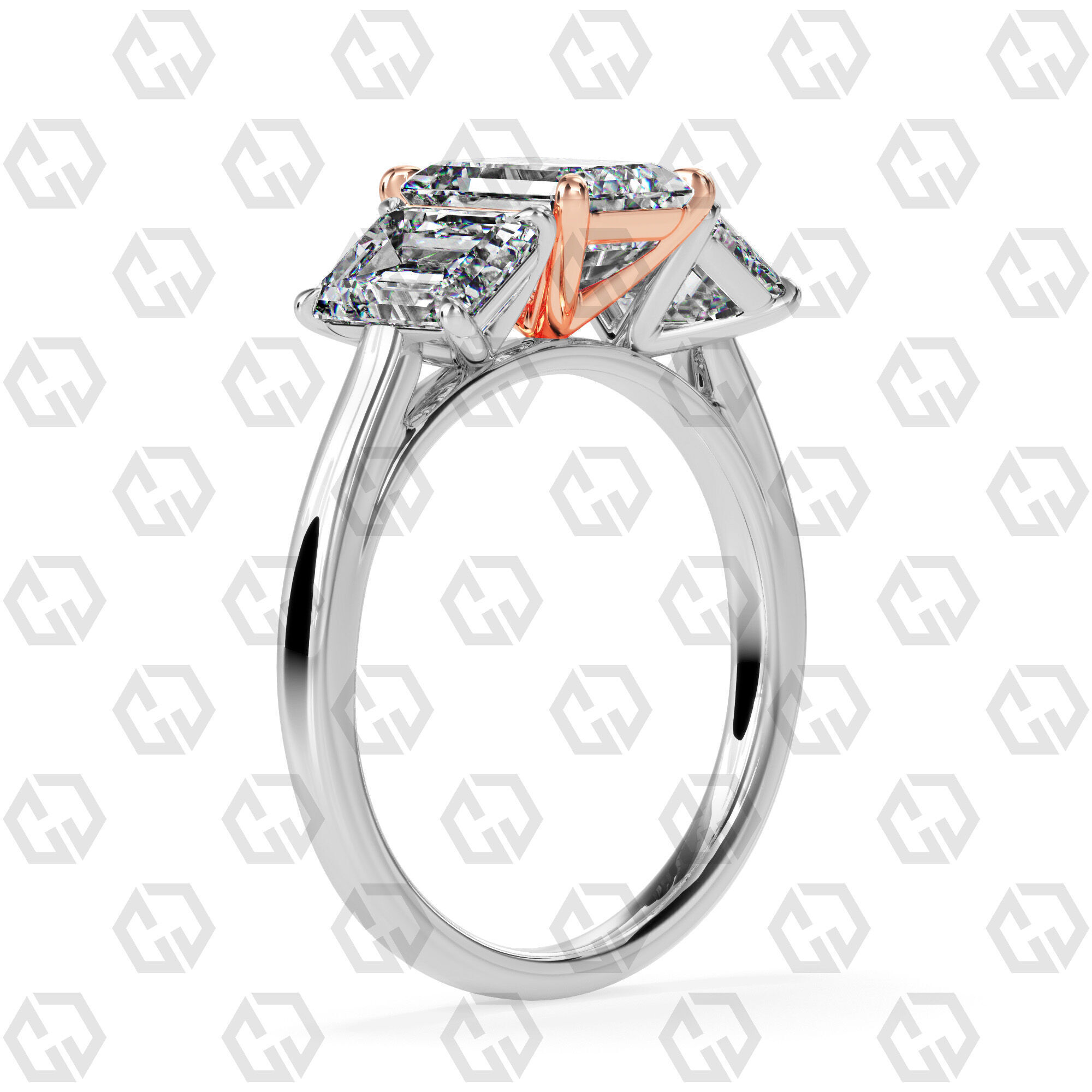 Ring 133 Emerald 3 stone ring plain cathedral shank 3D print model_2