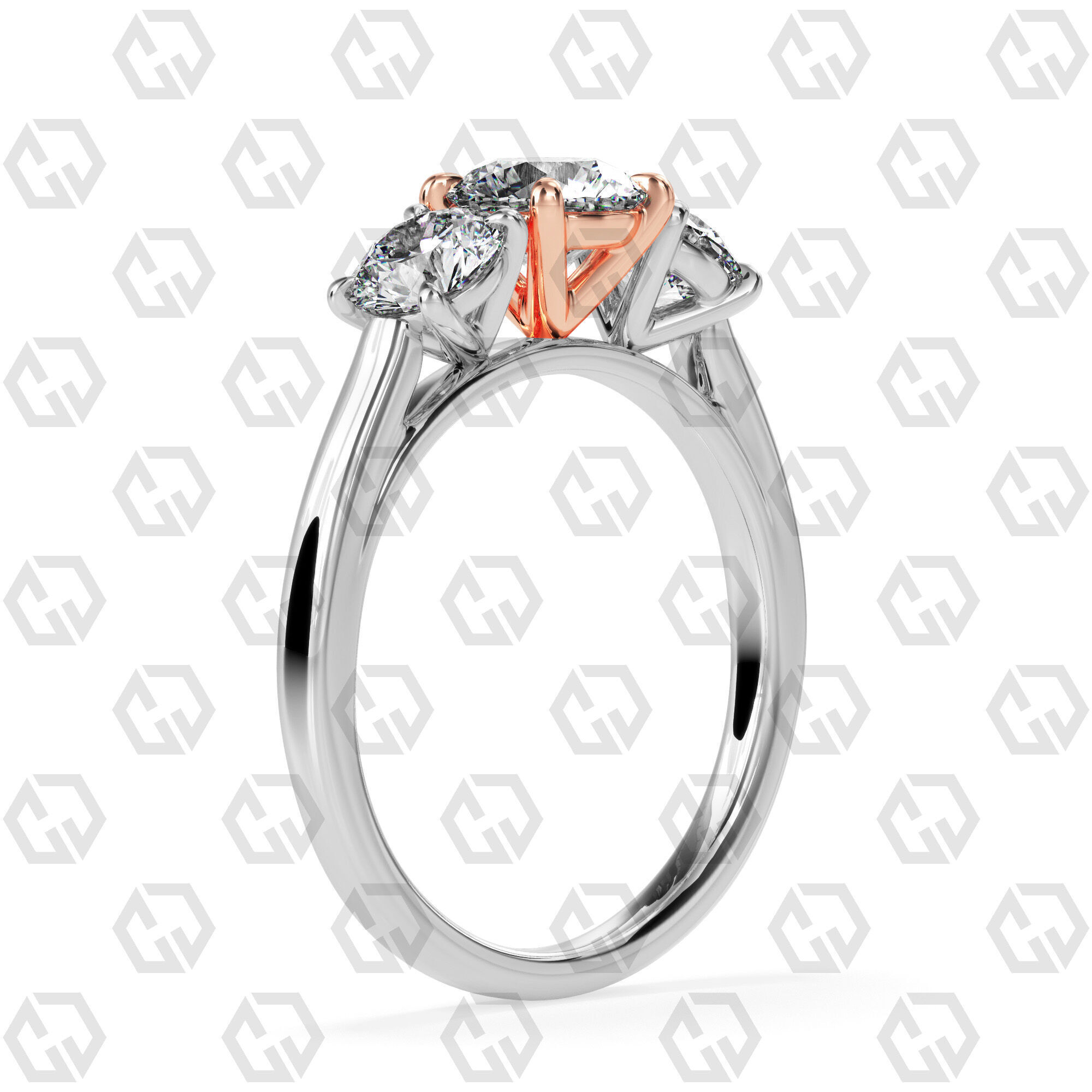 Ring 139 Round 3 stone ring plain cathedral shank 3D print model_2