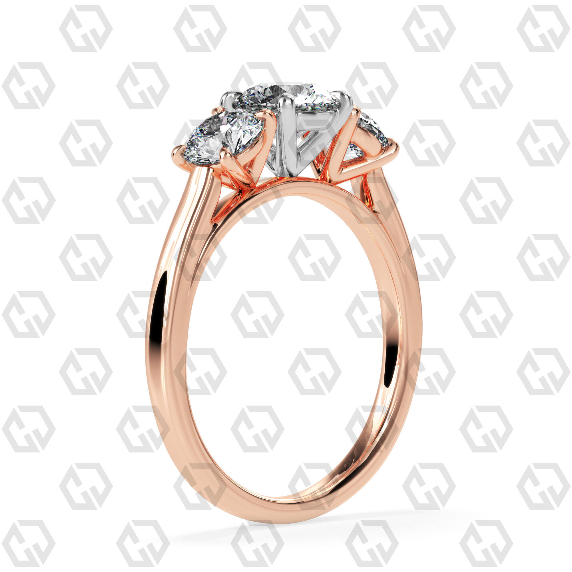 Ring 139 Round 3 stone ring plain cathedral shank 3D print model_4