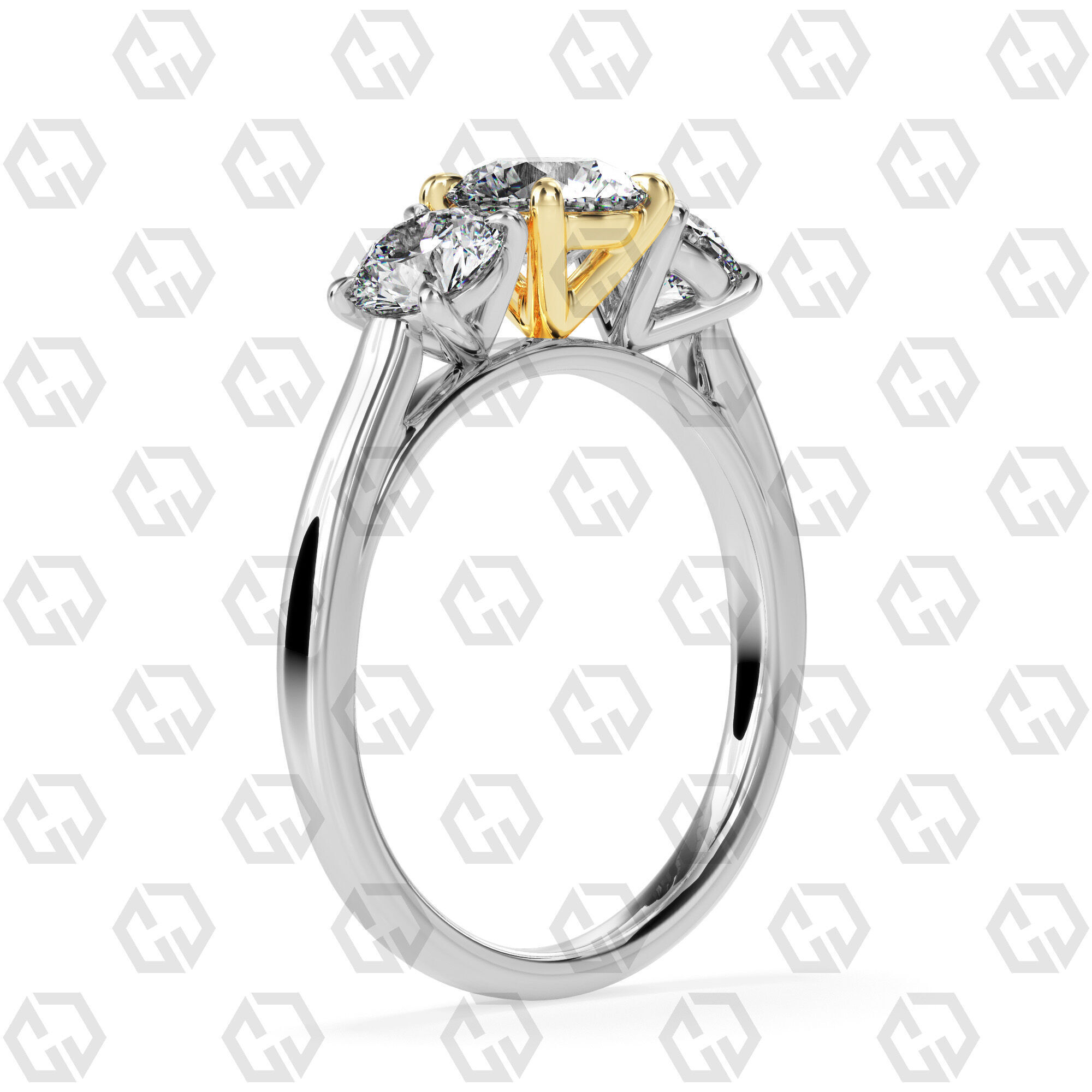 Ring 139 Round 3 stone ring plain cathedral shank 3D print model_10