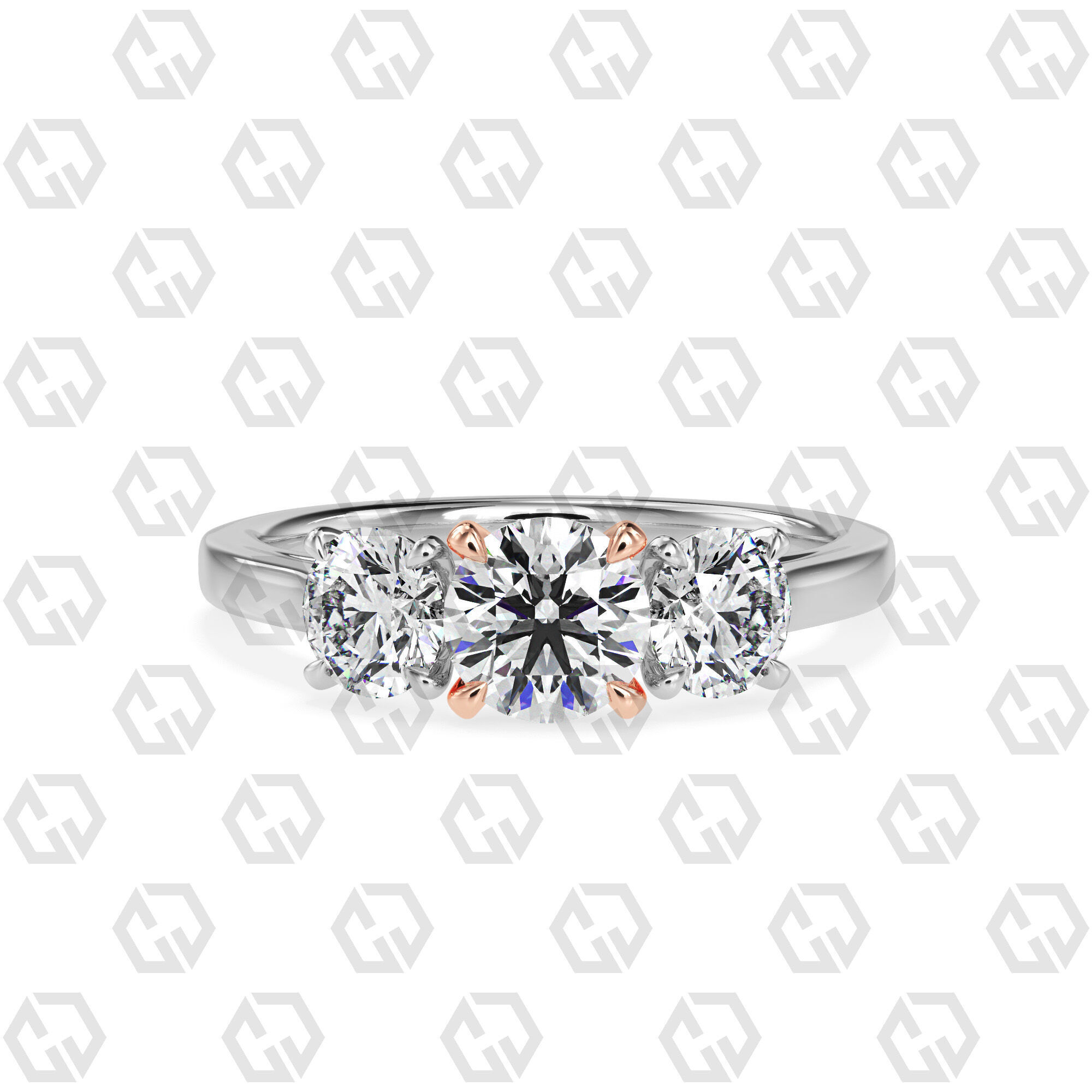 Ring 139 Round 3 stone ring plain cathedral shank 3D print model_3