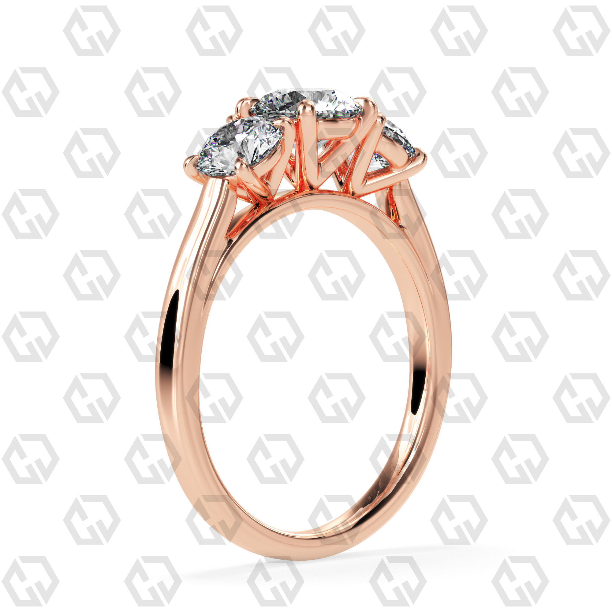 Ring 139 Round 3 stone ring plain cathedral shank 3D print model_1