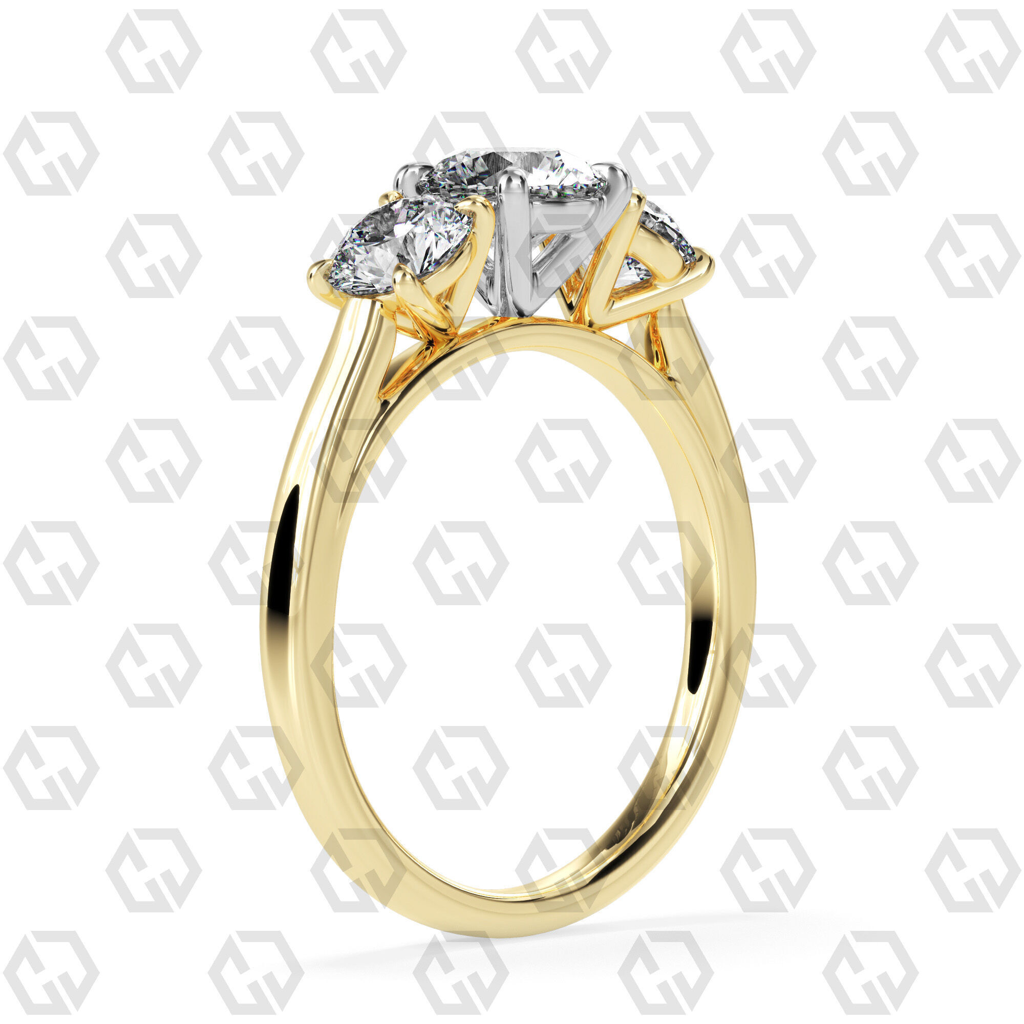 Ring 139 Round 3 stone ring plain cathedral shank 3D print model_8