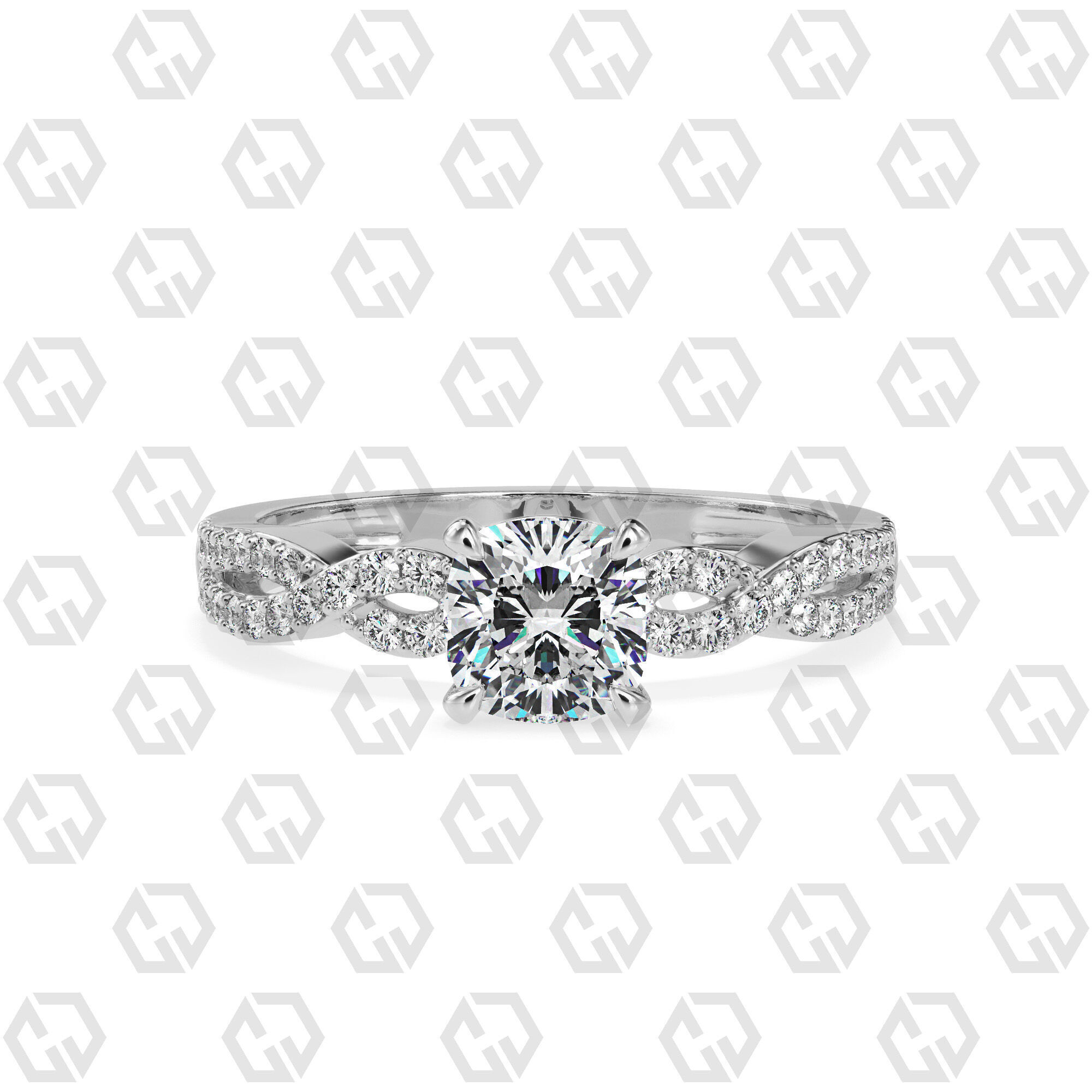 Ring 142 Cushion shape twisted shank pave set ring 3D print model_7