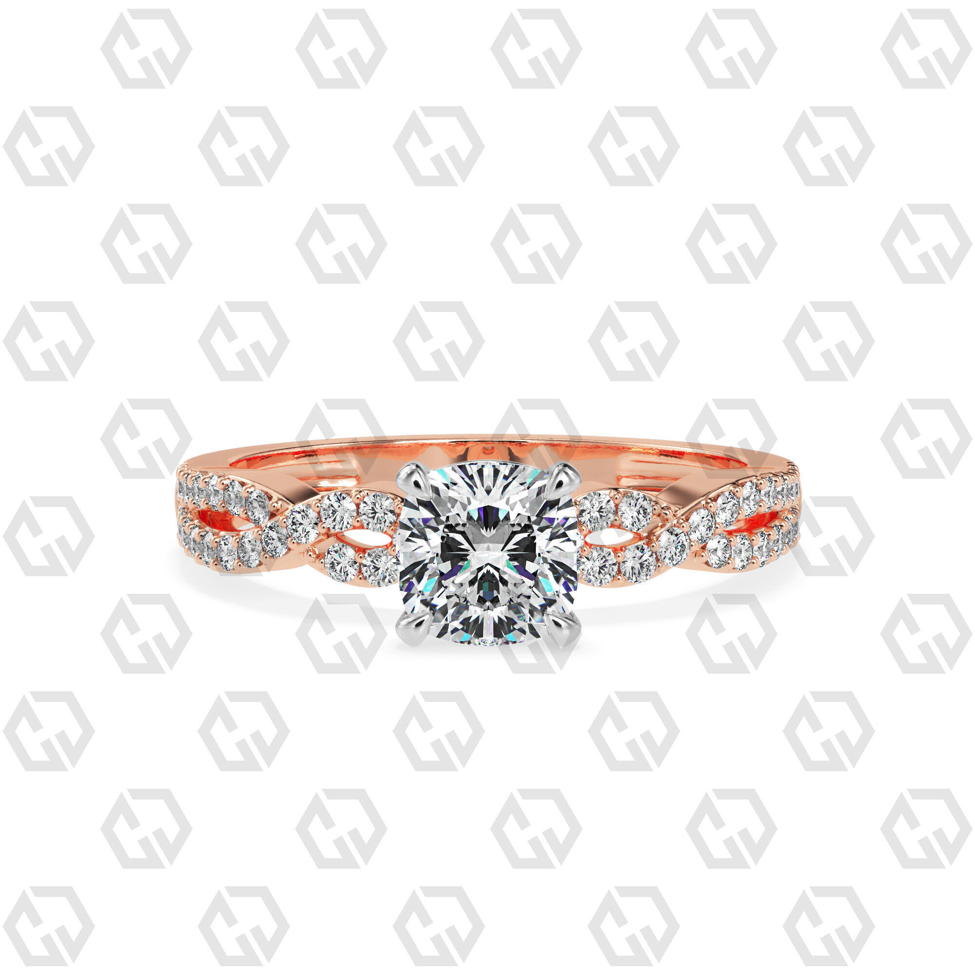 Ring 142 Cushion shape twisted shank pave set ring 3D print model_5