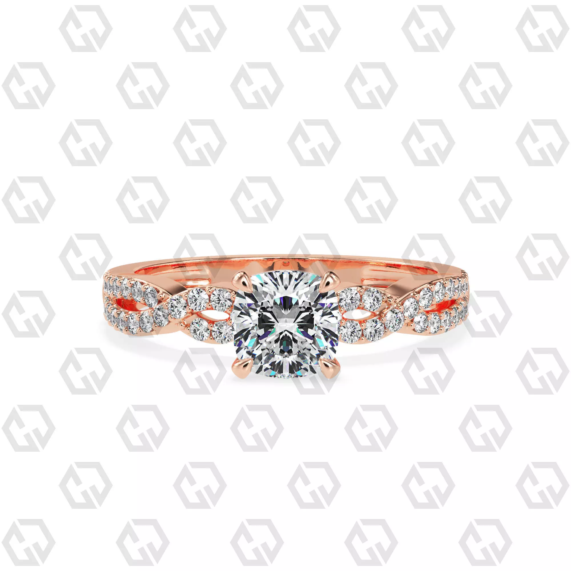 Ring 142 Cushion shape twisted shank pave set ring 3D print model_0