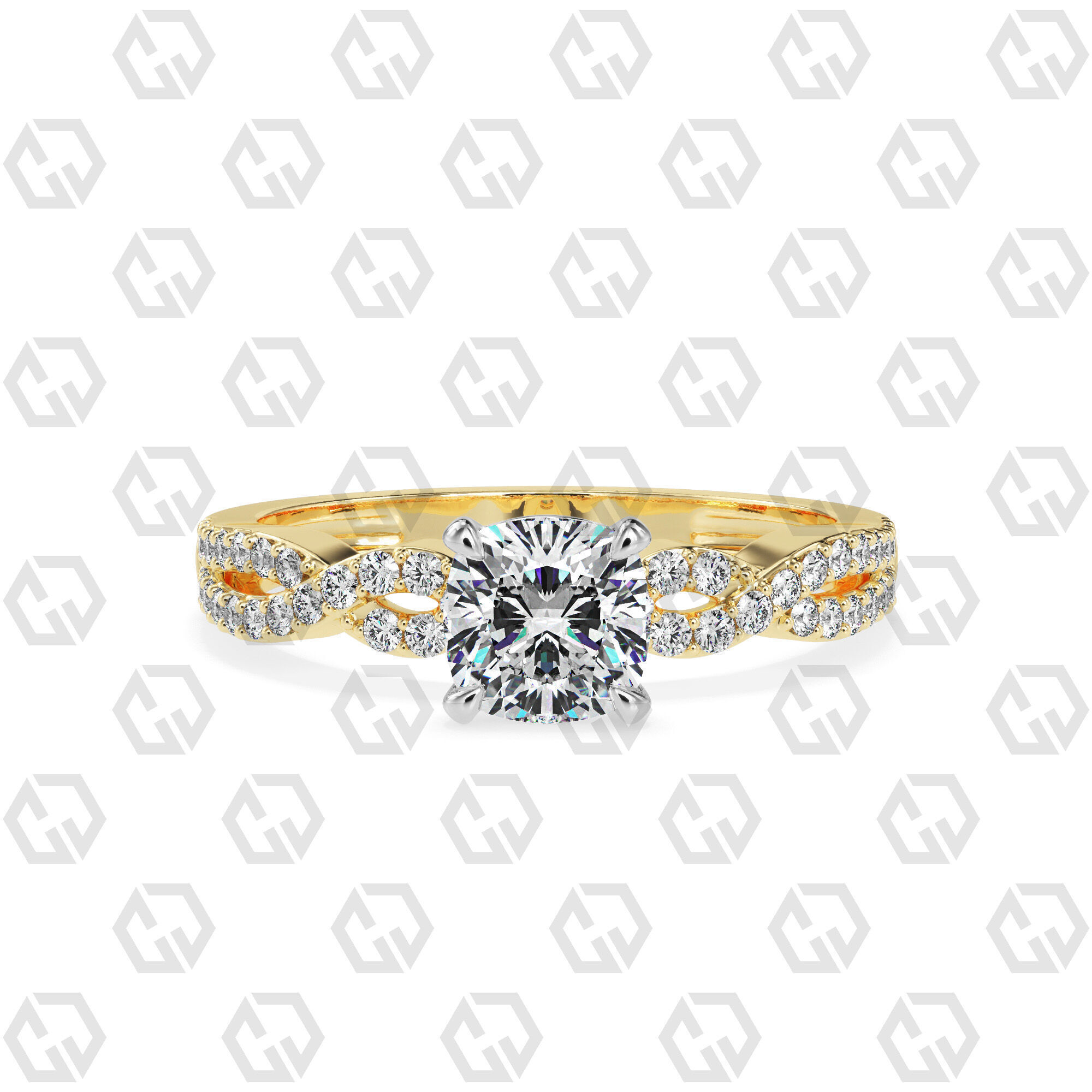 Ring 142 Cushion shape twisted shank pave set ring 3D print model_9