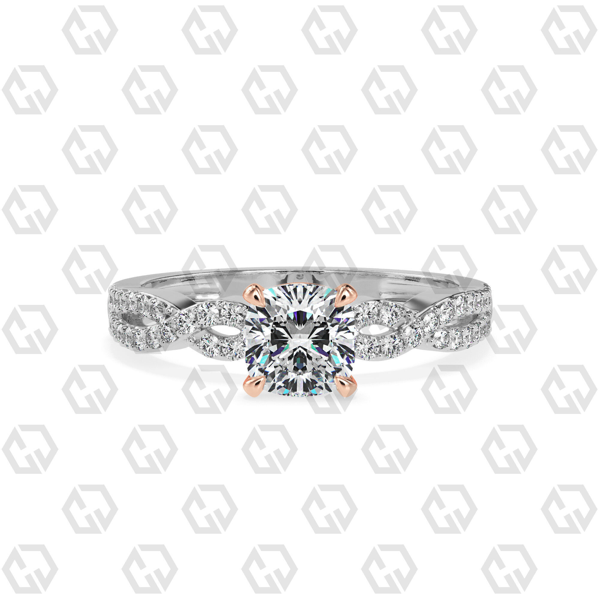 Ring 142 Cushion shape twisted shank pave set ring 3D print model_3