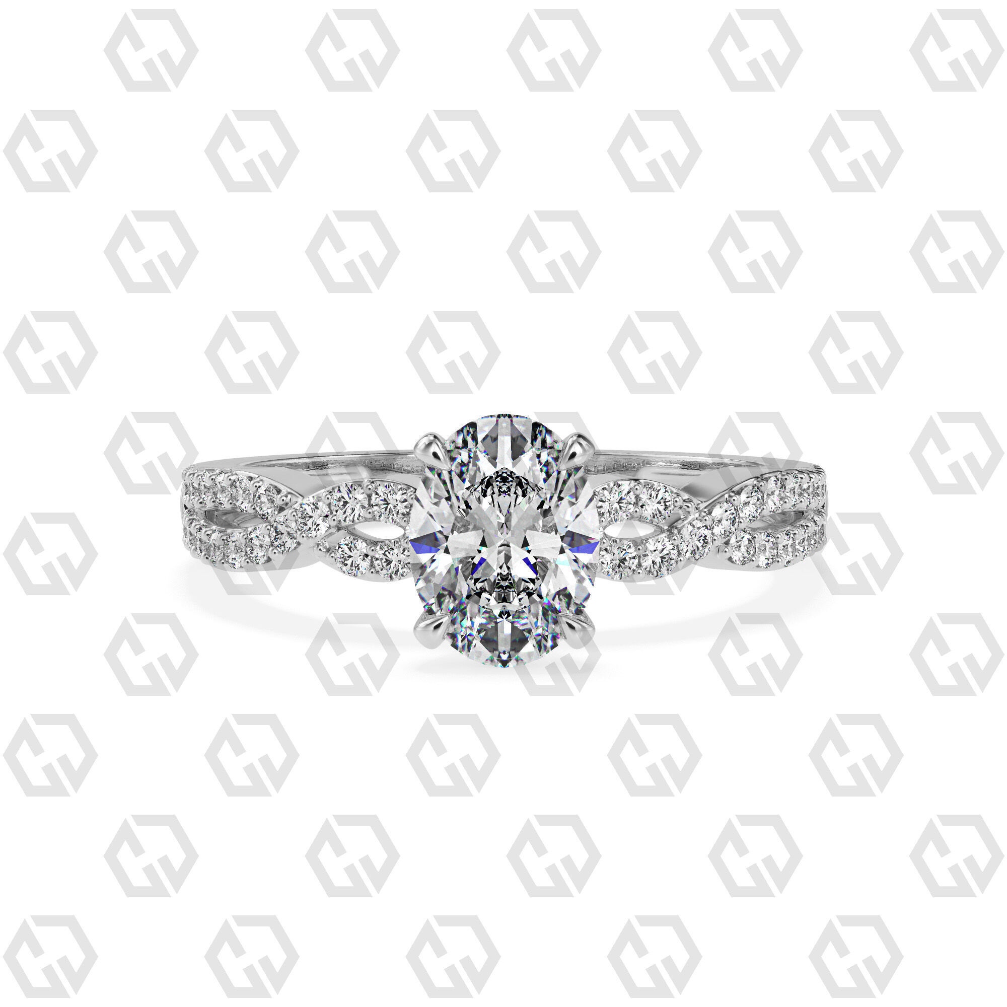 Ring 146 Oval shape twisted shank pave set ring 3D print model_7