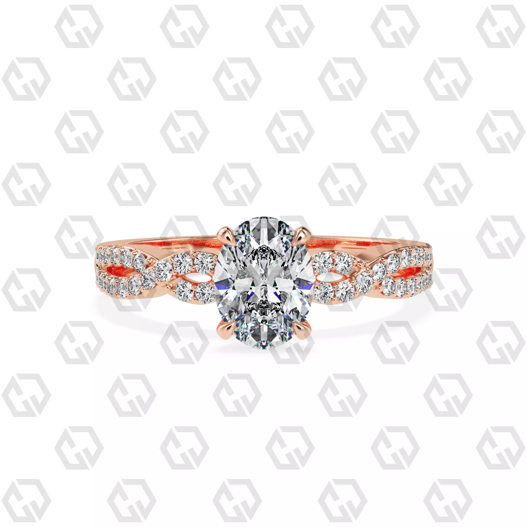 Ring 146 Oval shape twisted shank pave set ring 3D print model_0