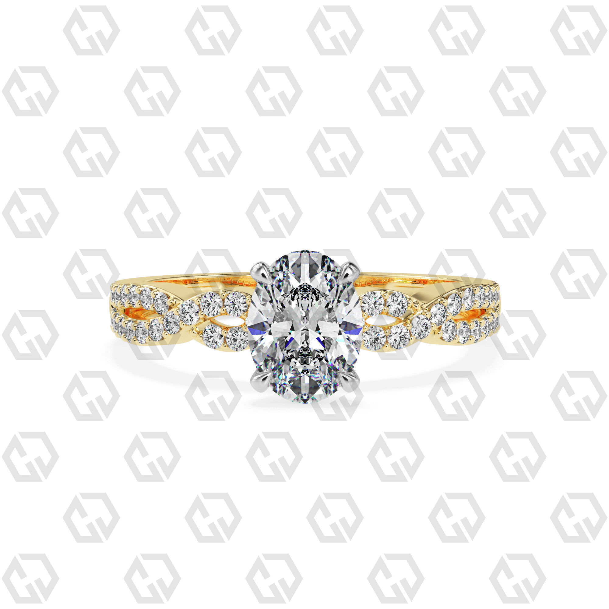 Ring 146 Oval shape twisted shank pave set ring 3D print model_9