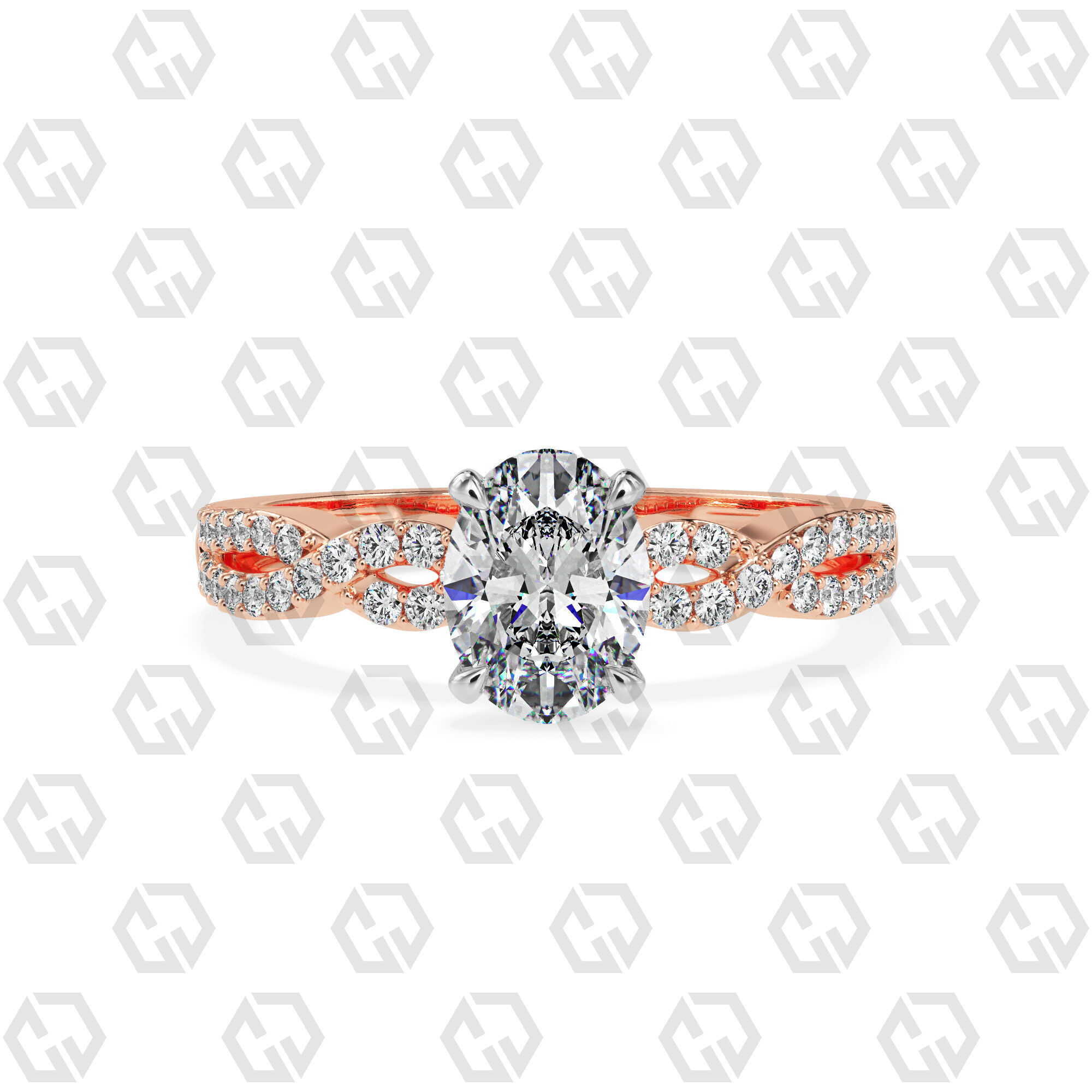 Ring 146 Oval shape twisted shank pave set ring 3D print model_5