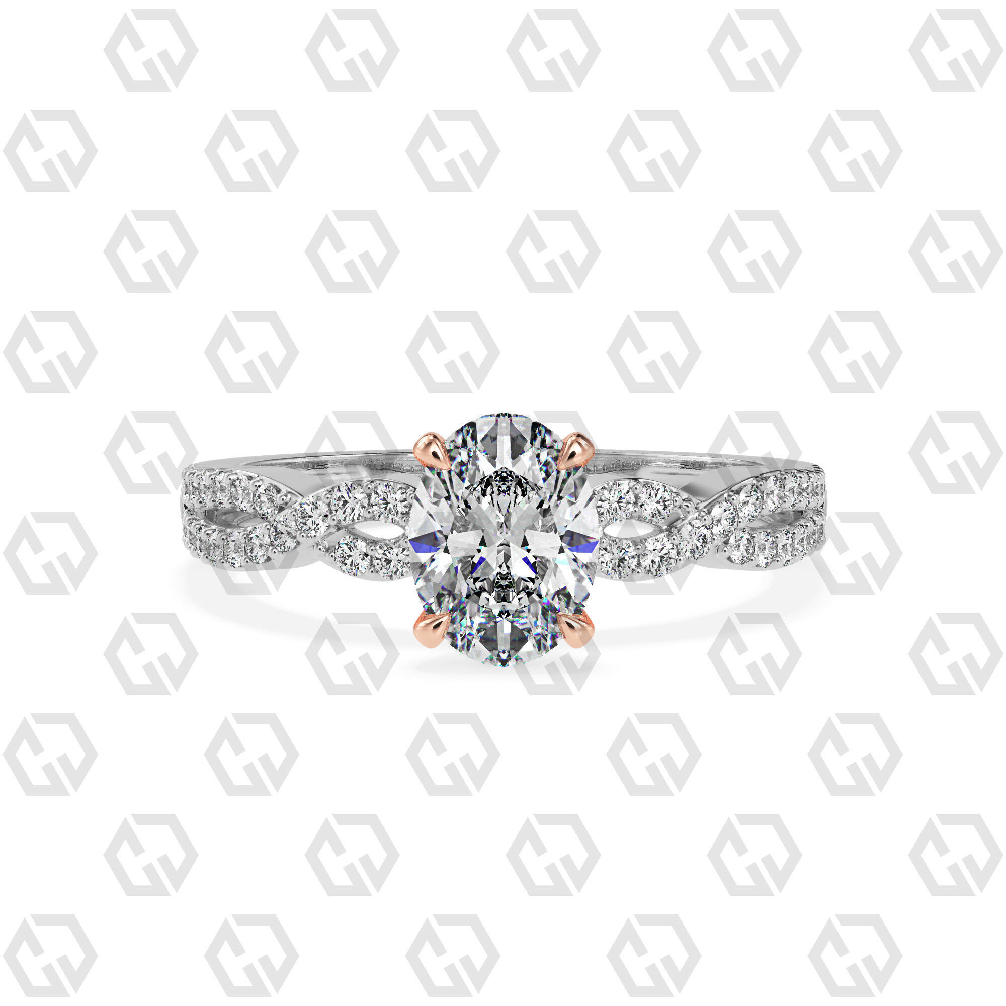 Ring 146 Oval shape twisted shank pave set ring 3D print model_3