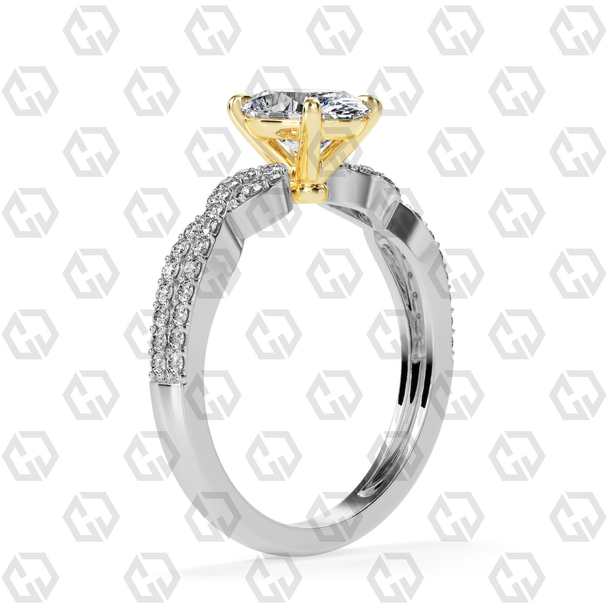 Ring 146 Oval shape twisted shank pave set ring 3D print model_10