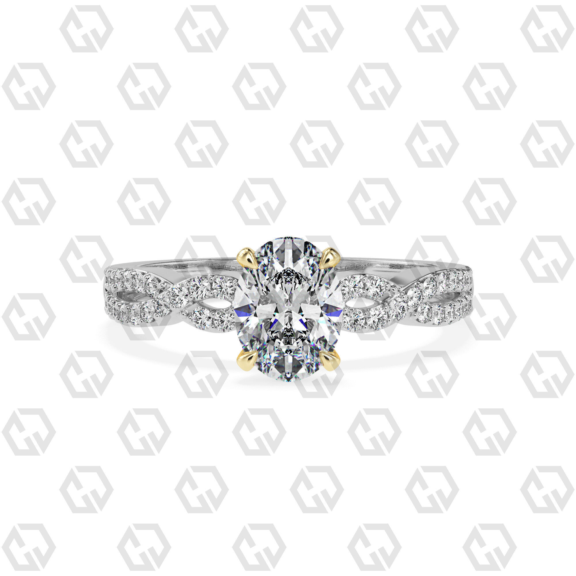 Ring 146 Oval shape twisted shank pave set ring 3D print model_11