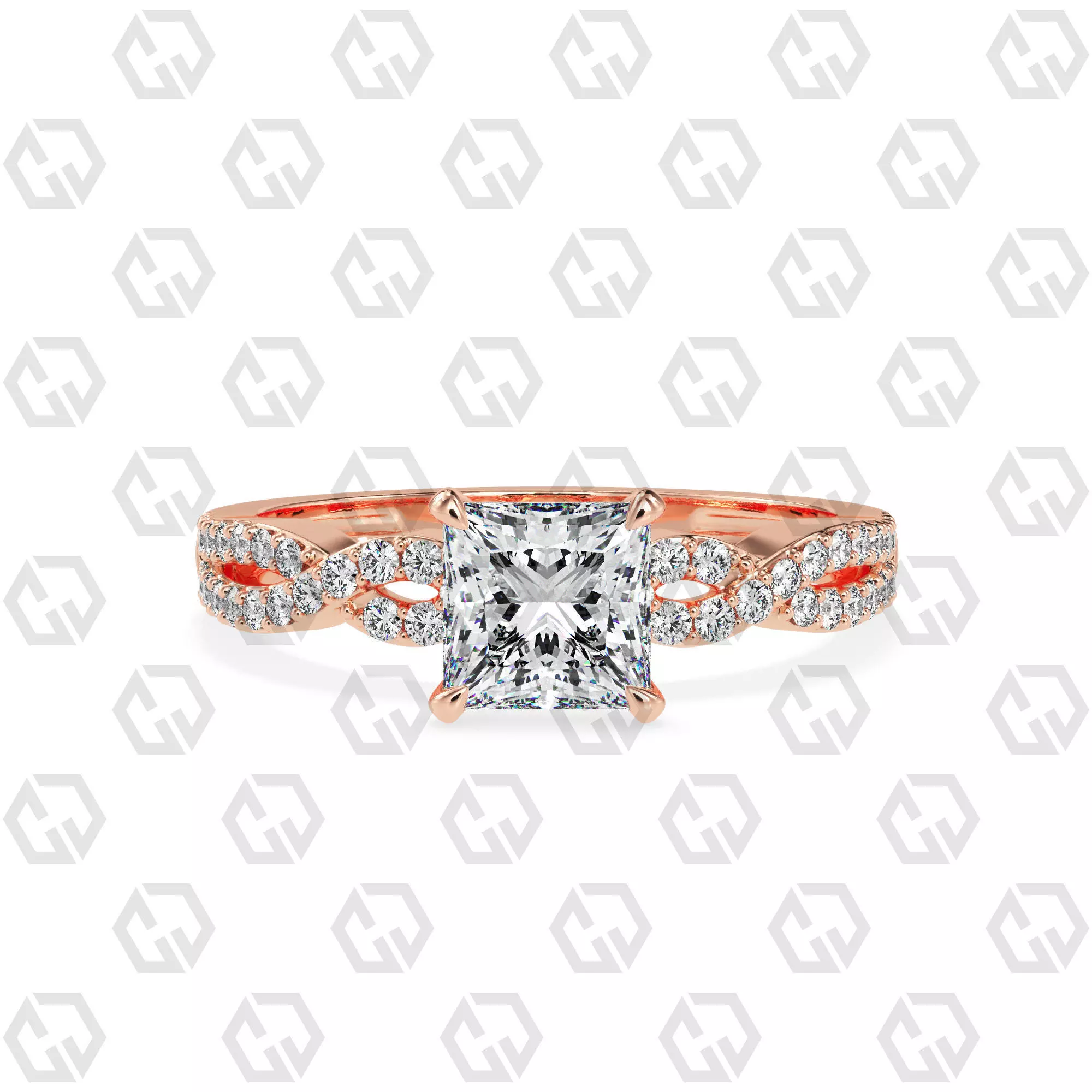 Ring 148 Princess shape twisted shank pave set ring 3D print model_0