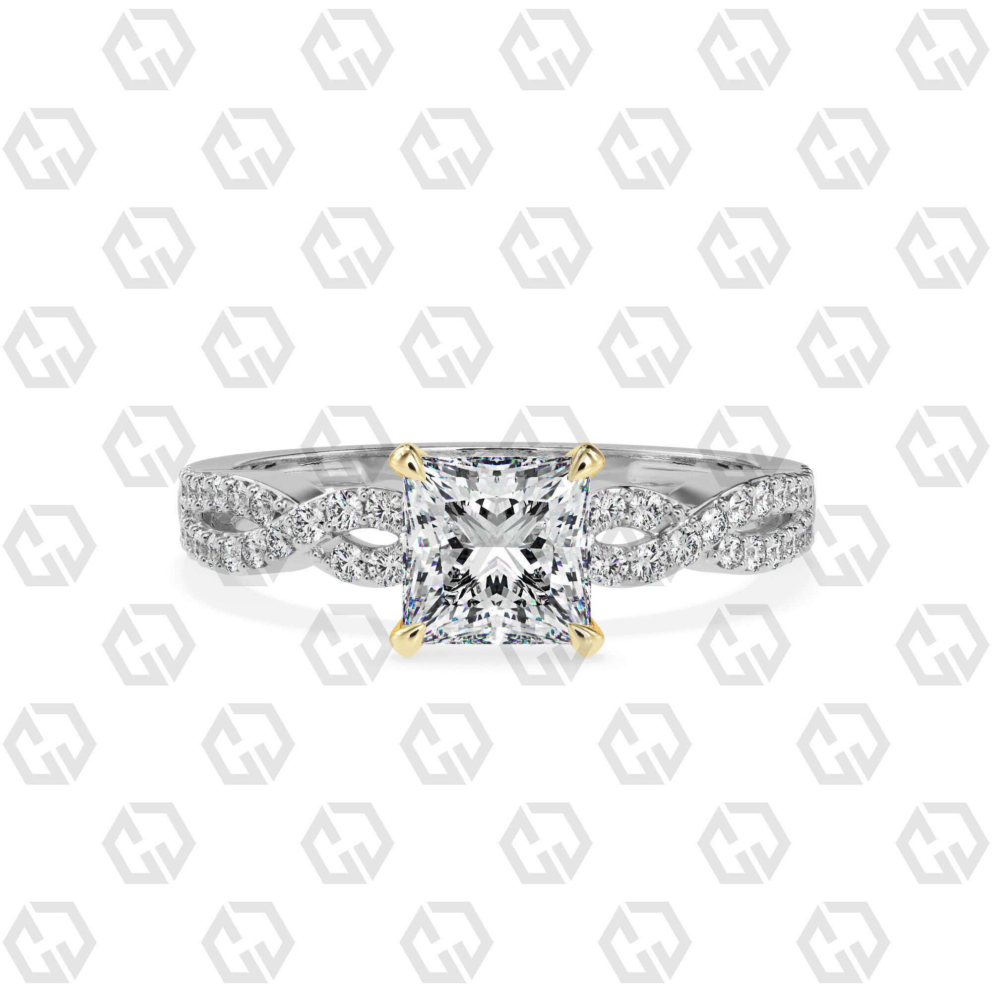 Ring 148 Princess shape twisted shank pave set ring 3D print model_11