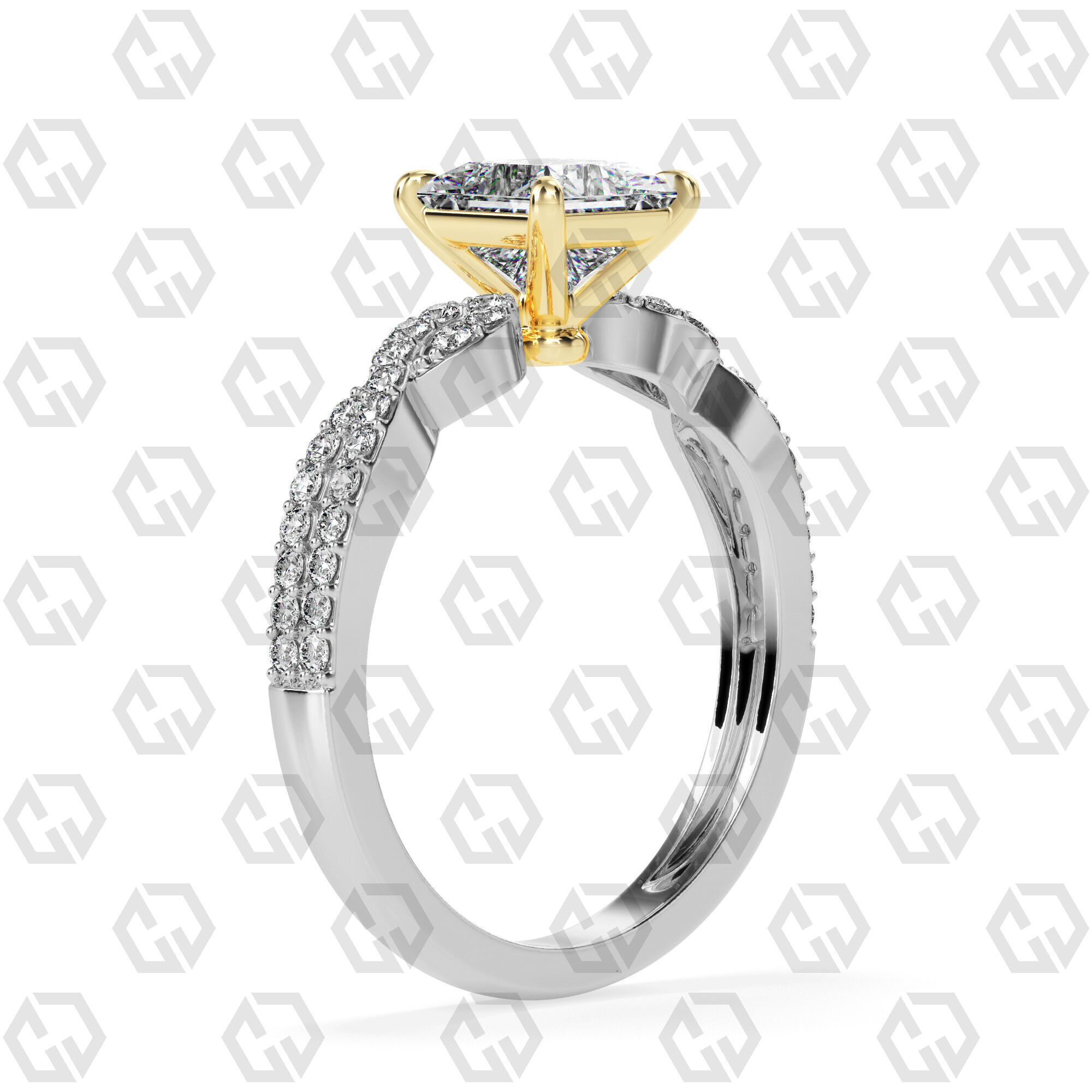 Ring 148 Princess shape twisted shank pave set ring 3D print model_10