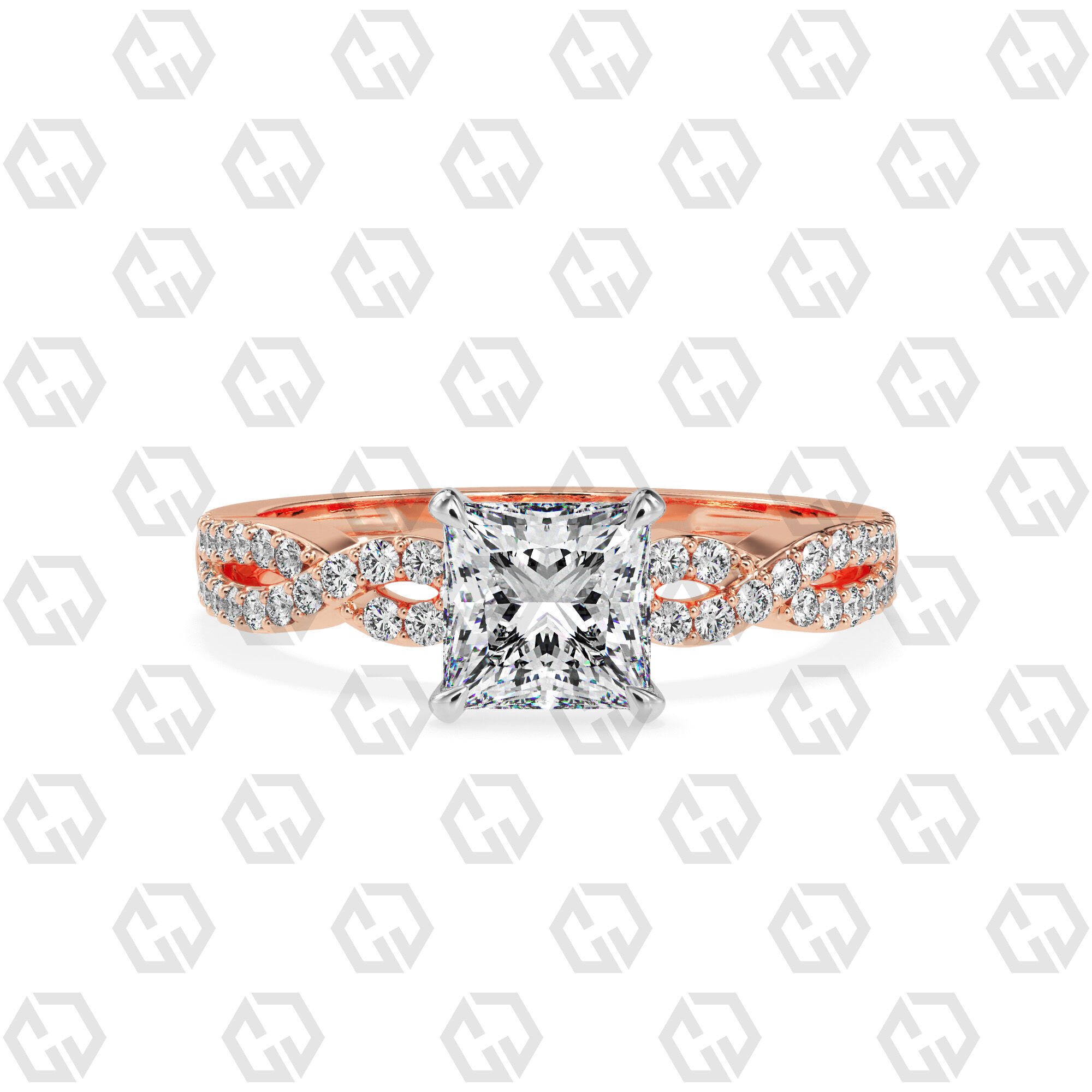 Ring 148 Princess shape twisted shank pave set ring 3D print model_5