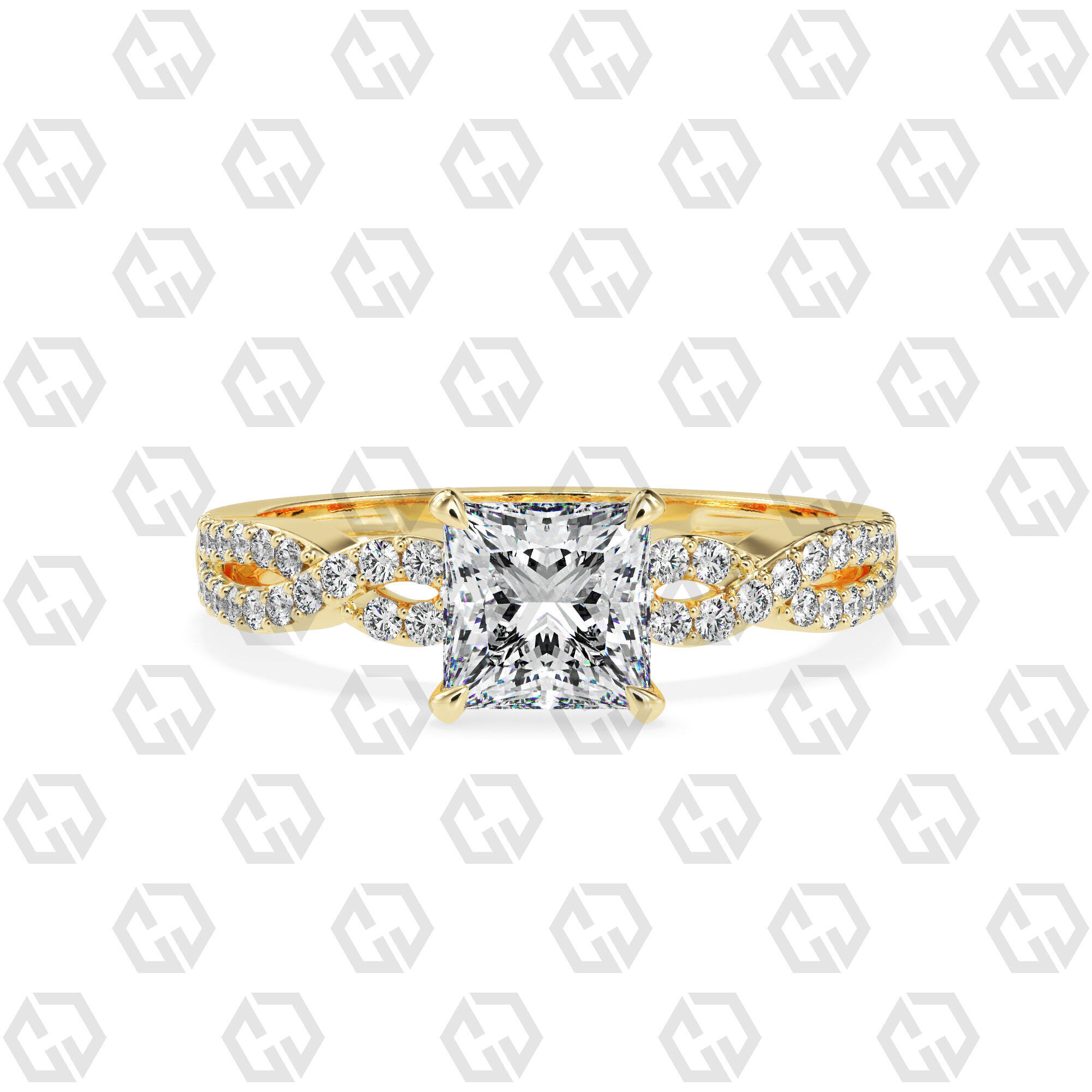 Ring 148 Princess shape twisted shank pave set ring 3D print model_13