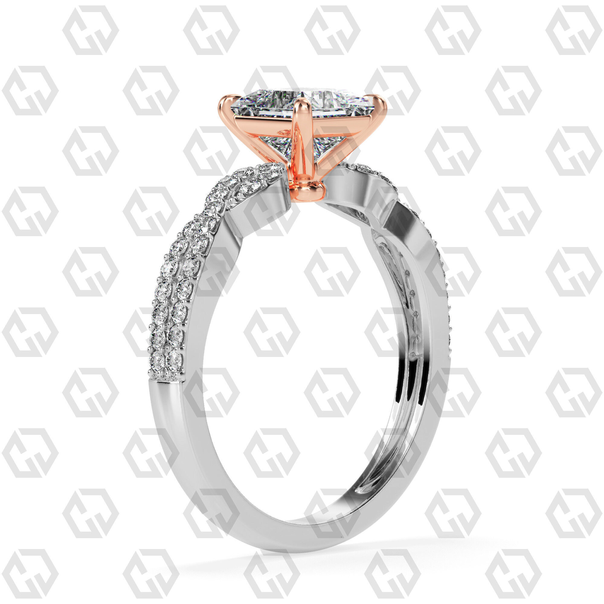 Ring 148 Princess shape twisted shank pave set ring 3D print model_2