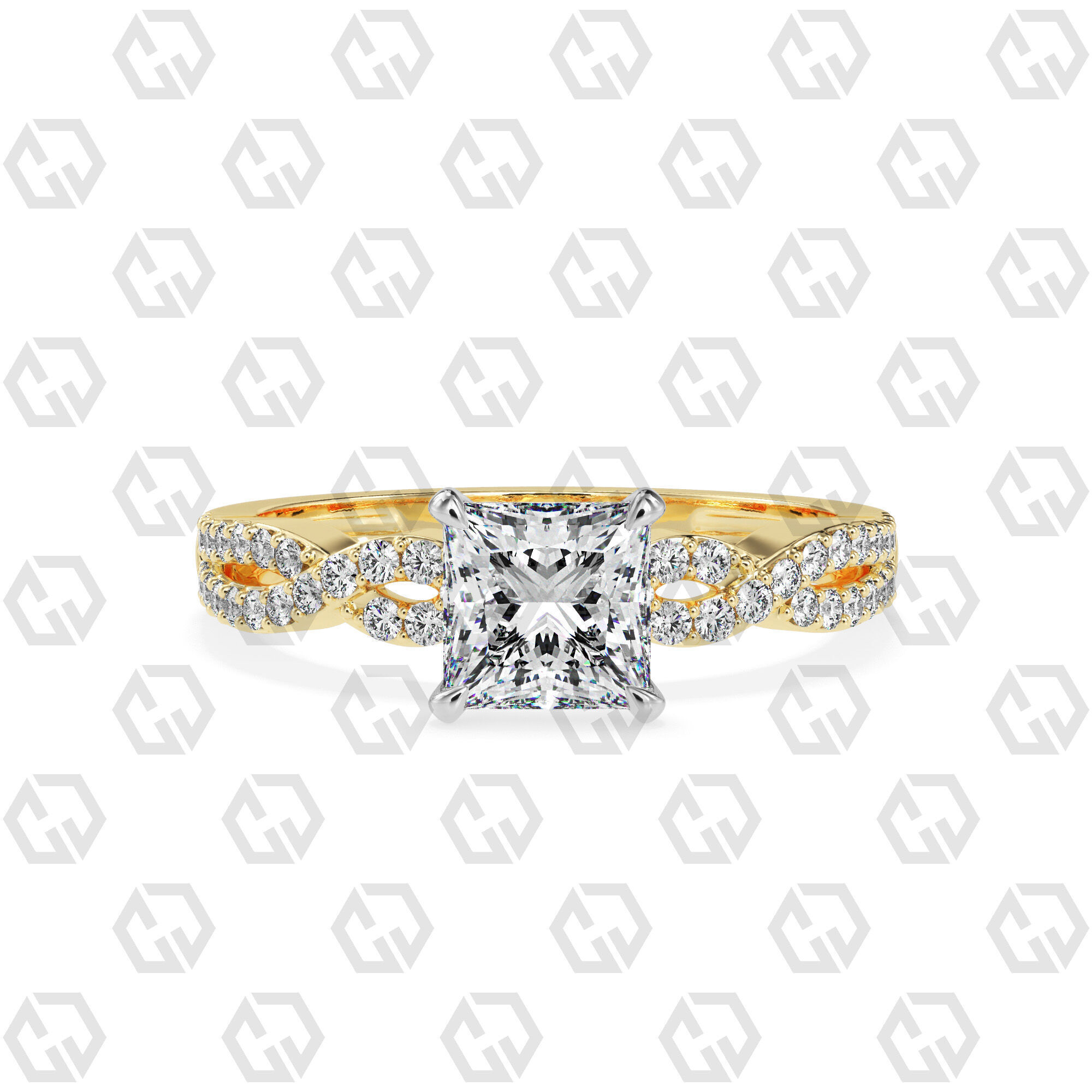 Ring 148 Princess shape twisted shank pave set ring 3D print model_9