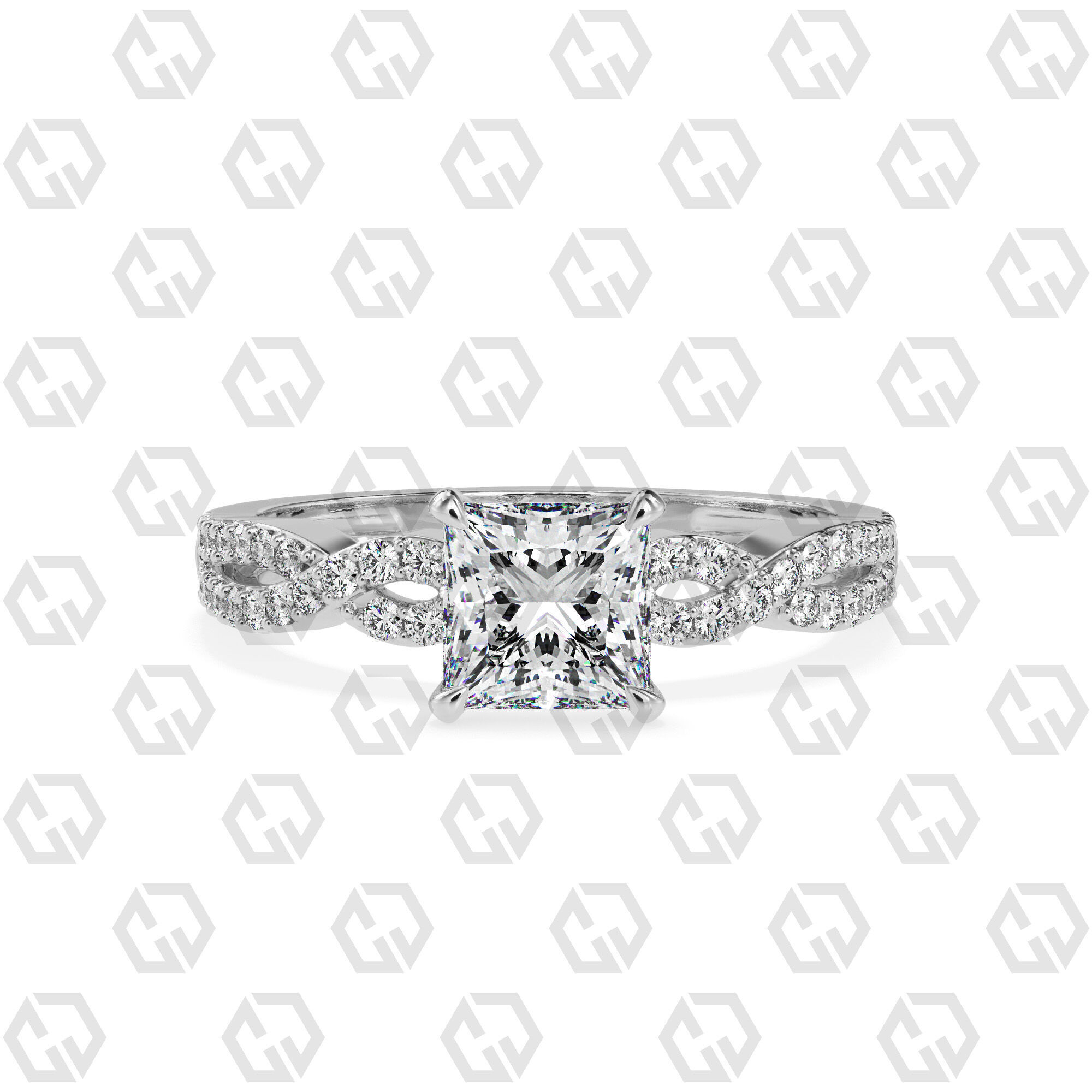 Ring 148 Princess shape twisted shank pave set ring 3D print model_7