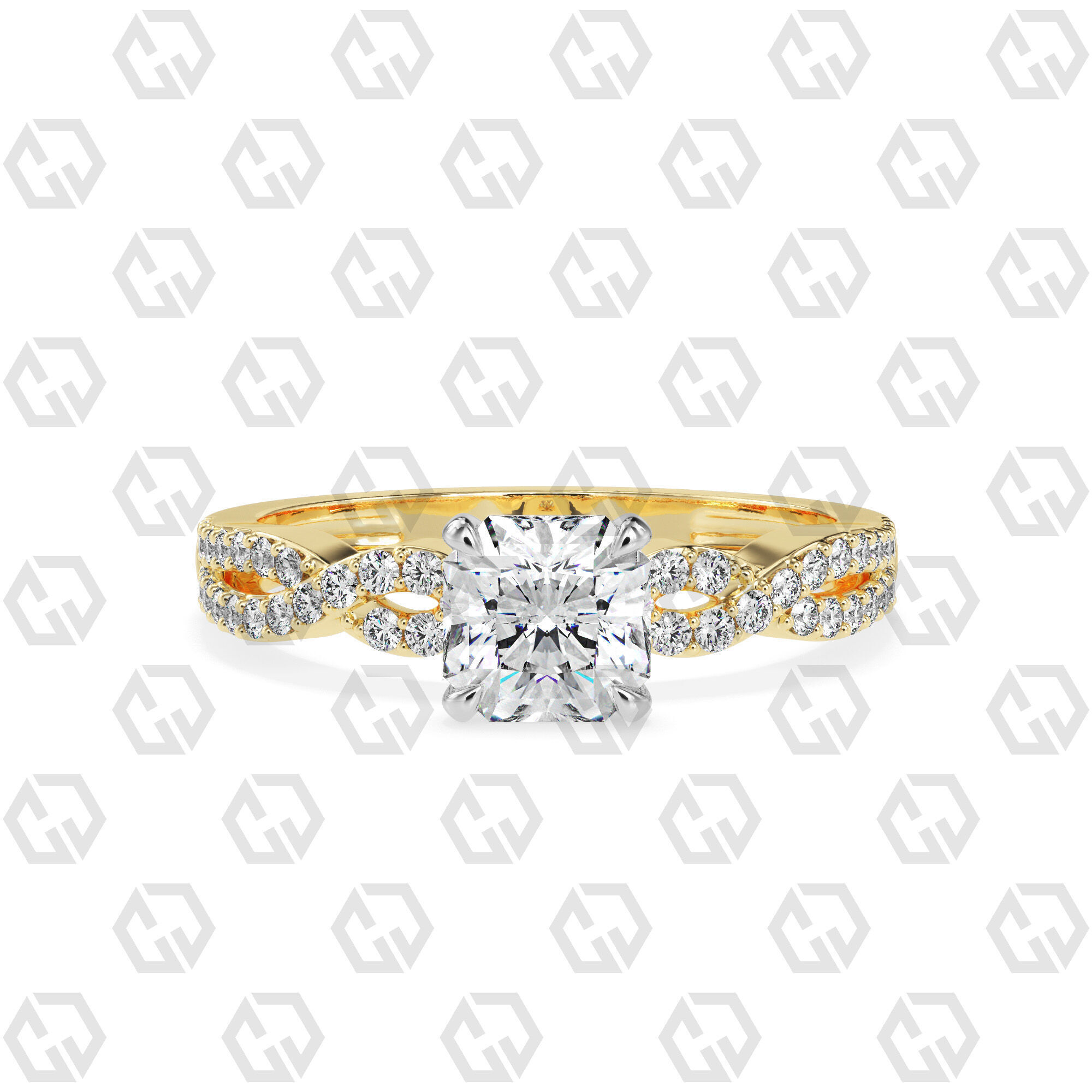 Ring 150 Radiant shape twisted shank pave set ring 3D print model_9