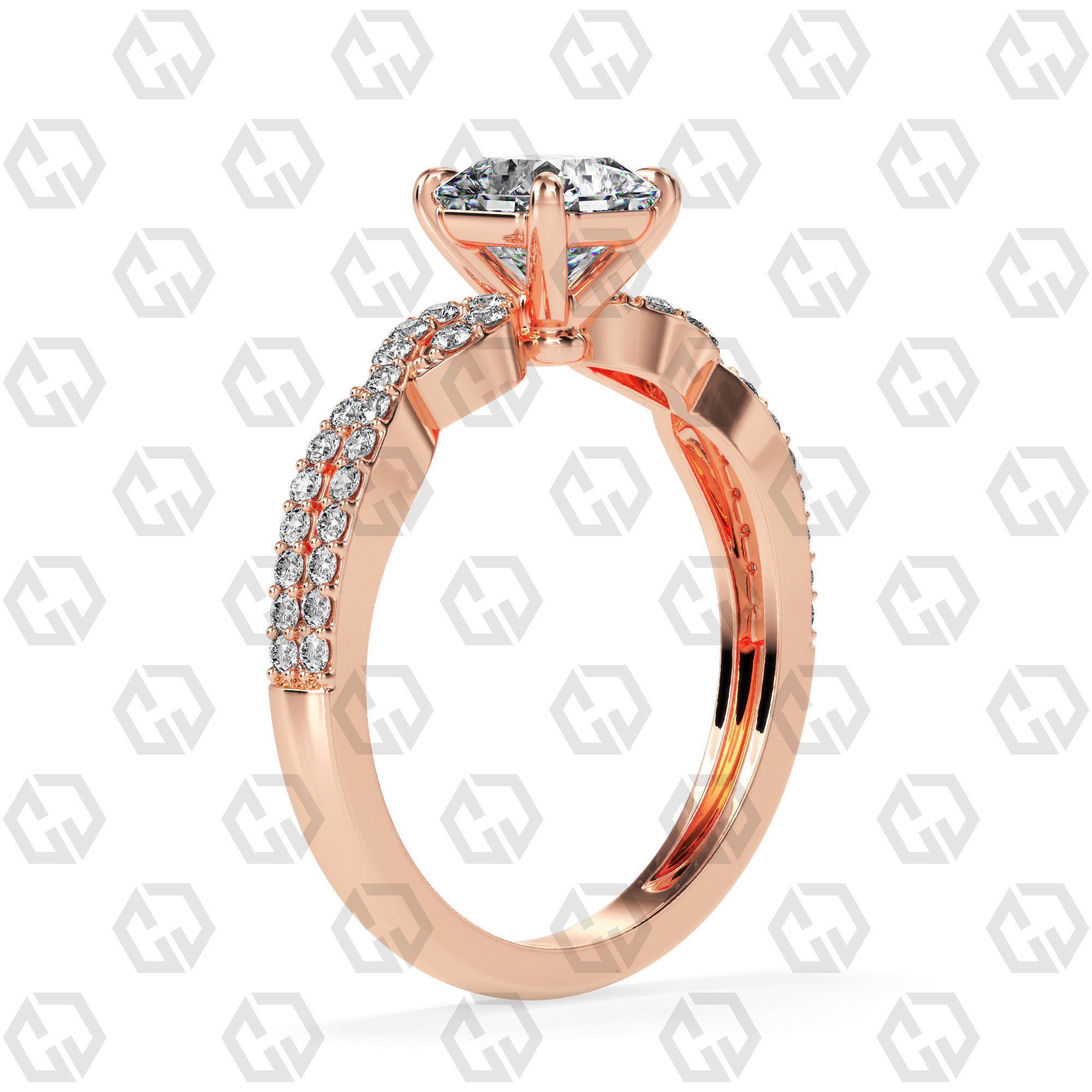 Ring 150 Radiant shape twisted shank pave set ring 3D print model_1