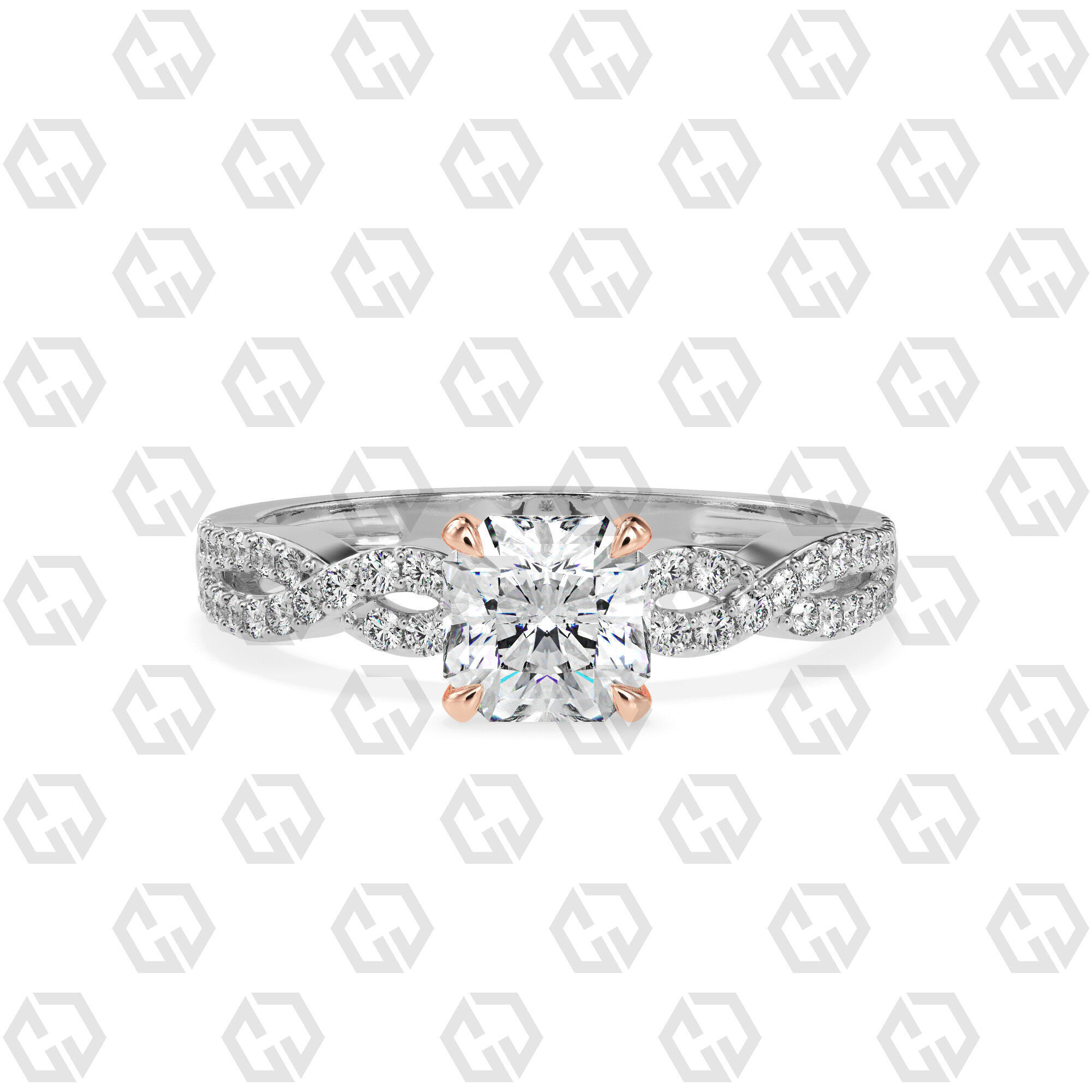 Ring 150 Radiant shape twisted shank pave set ring 3D print model_3