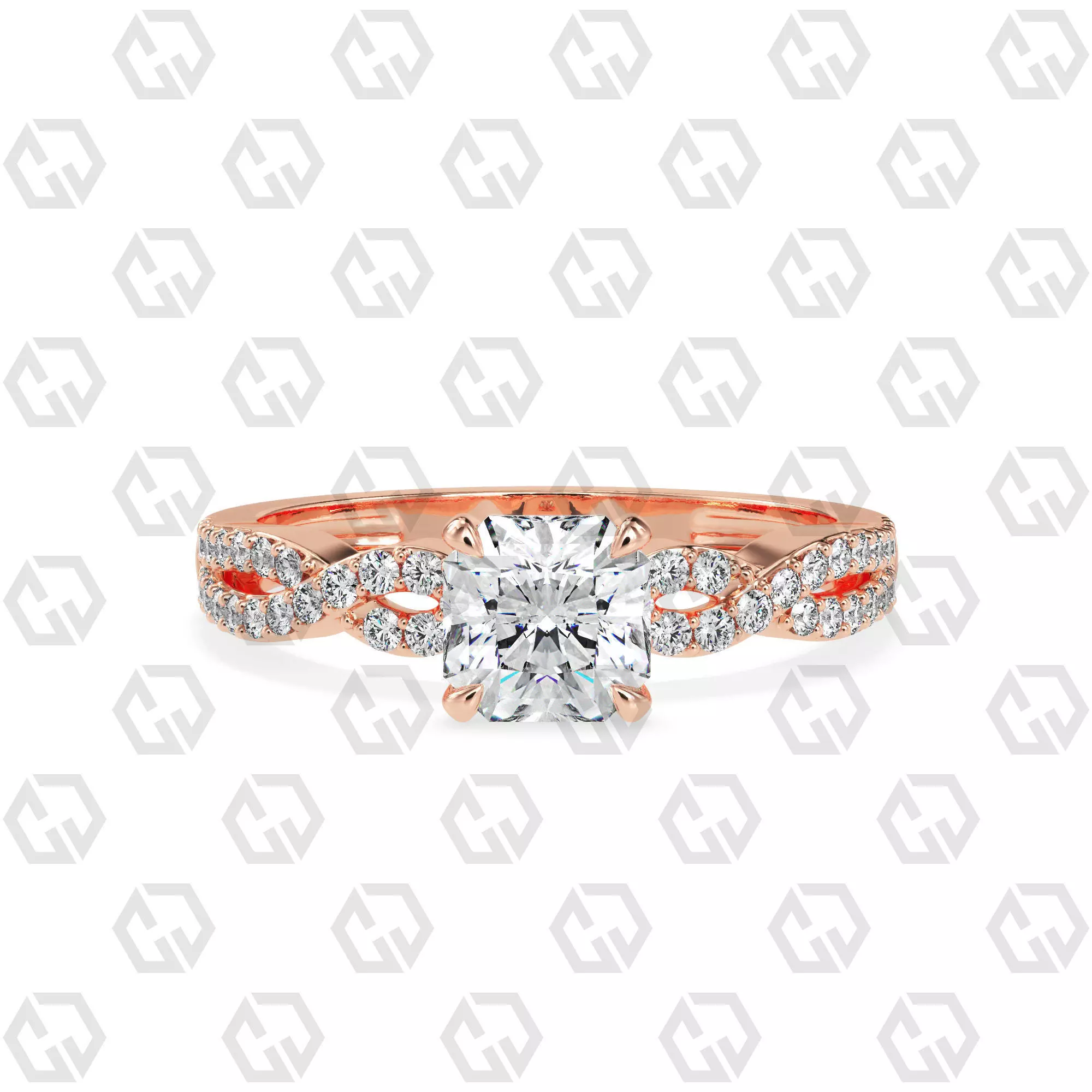 Ring 150 Radiant shape twisted shank pave set ring 3D print model_0