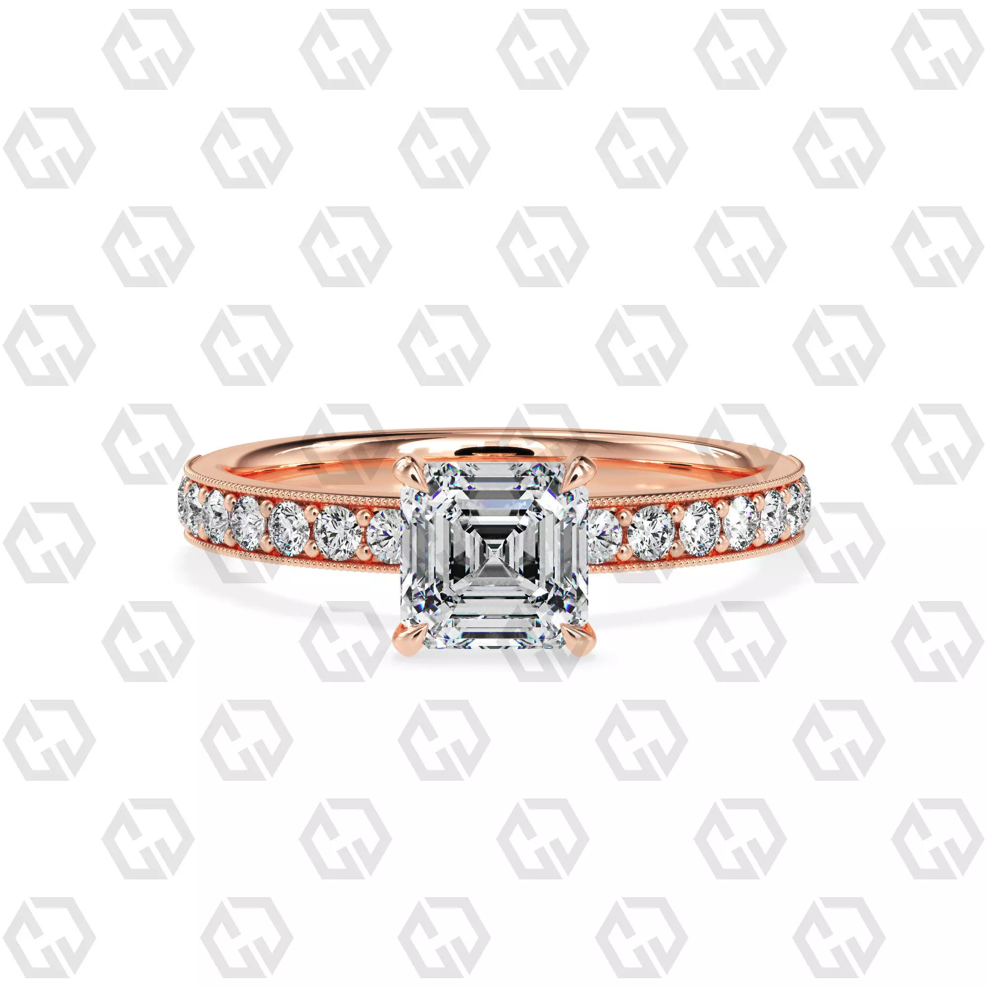Ring 161 Asscher Shape milgrain pave set ring with Gems 3D print model