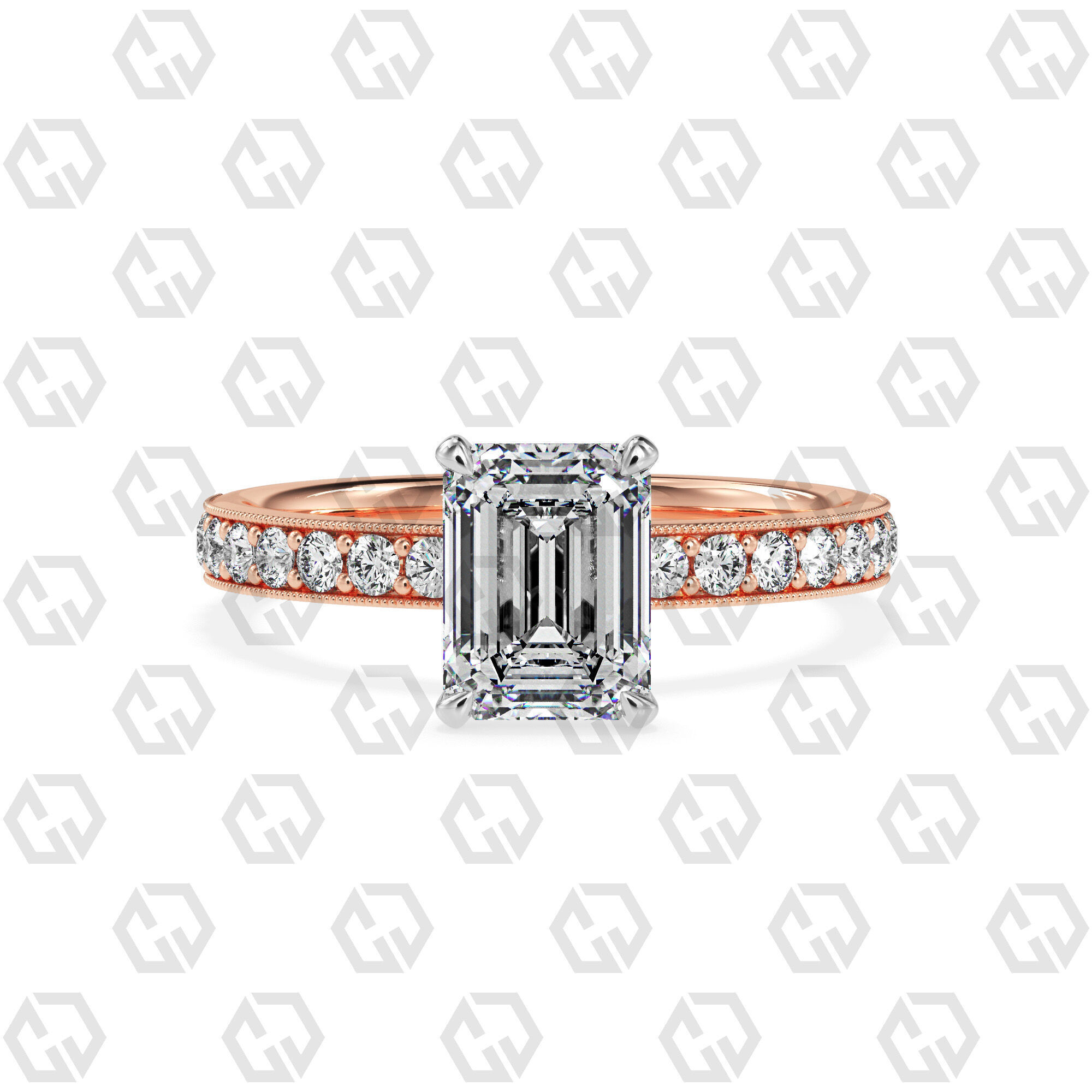 Ring 163 Emerald Shape milgrain pave set ring with Gems 3D print model_5