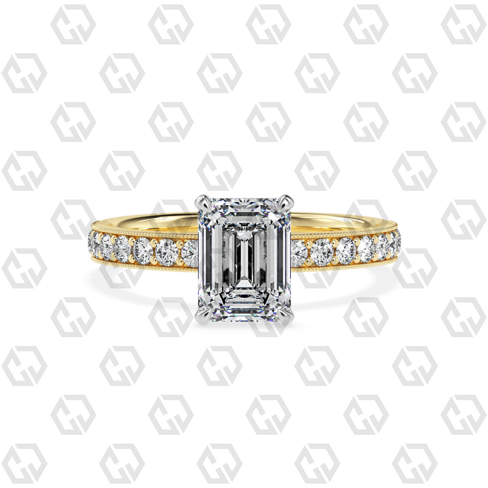 Ring 163 Emerald Shape milgrain pave set ring with Gems 3D print model_9