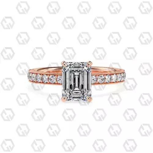 Ring 163 Emerald Shape milgrain pave set ring with Gems