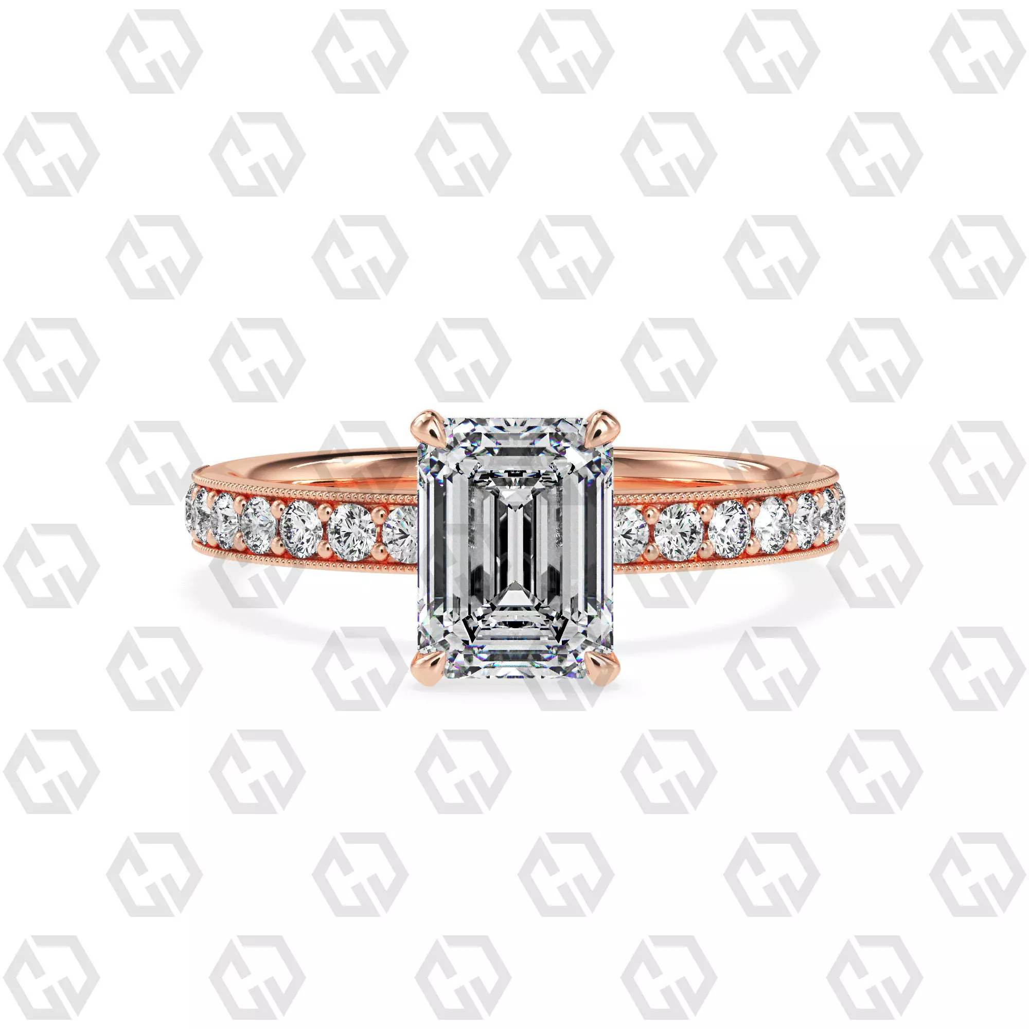 Ring 163 Emerald Shape milgrain pave set ring with Gems 3D print model_0