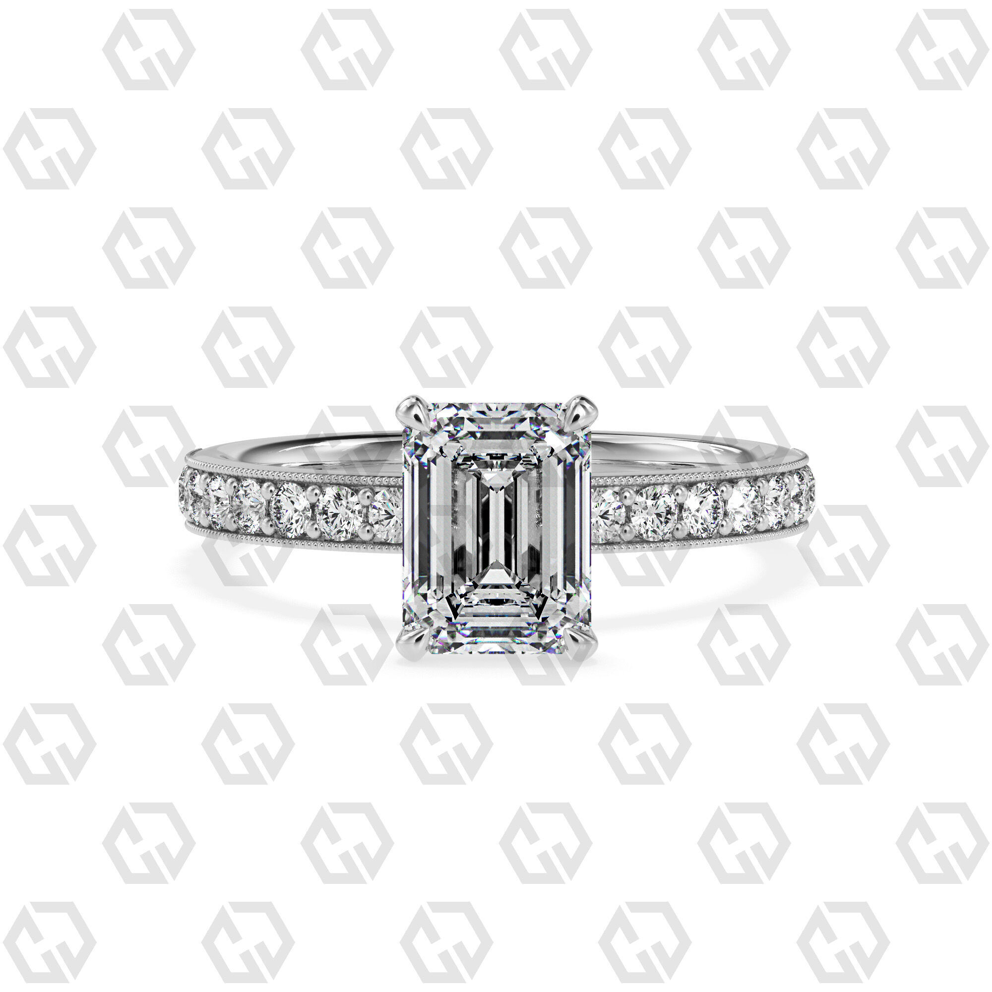Ring 163 Emerald Shape milgrain pave set ring with Gems 3D print model_7