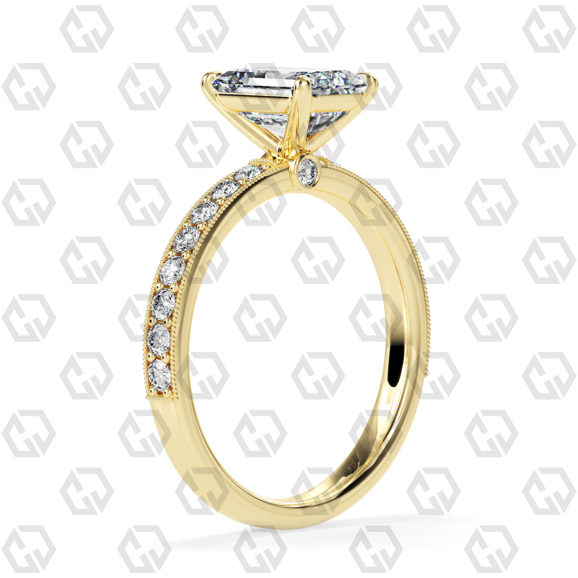 Ring 163 Emerald Shape milgrain pave set ring with Gems 3D print model_12