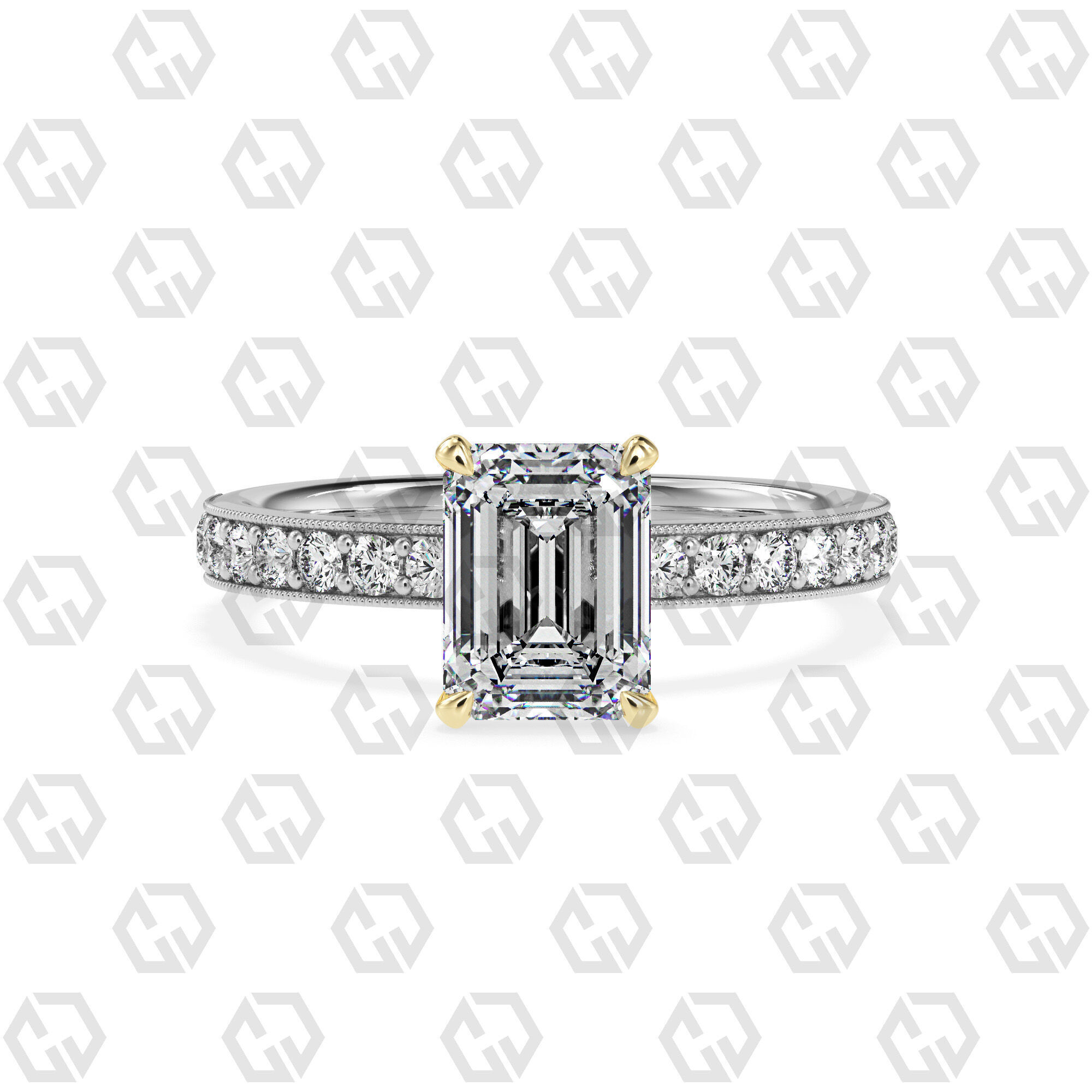 Ring 163 Emerald Shape milgrain pave set ring with Gems 3D print model_11