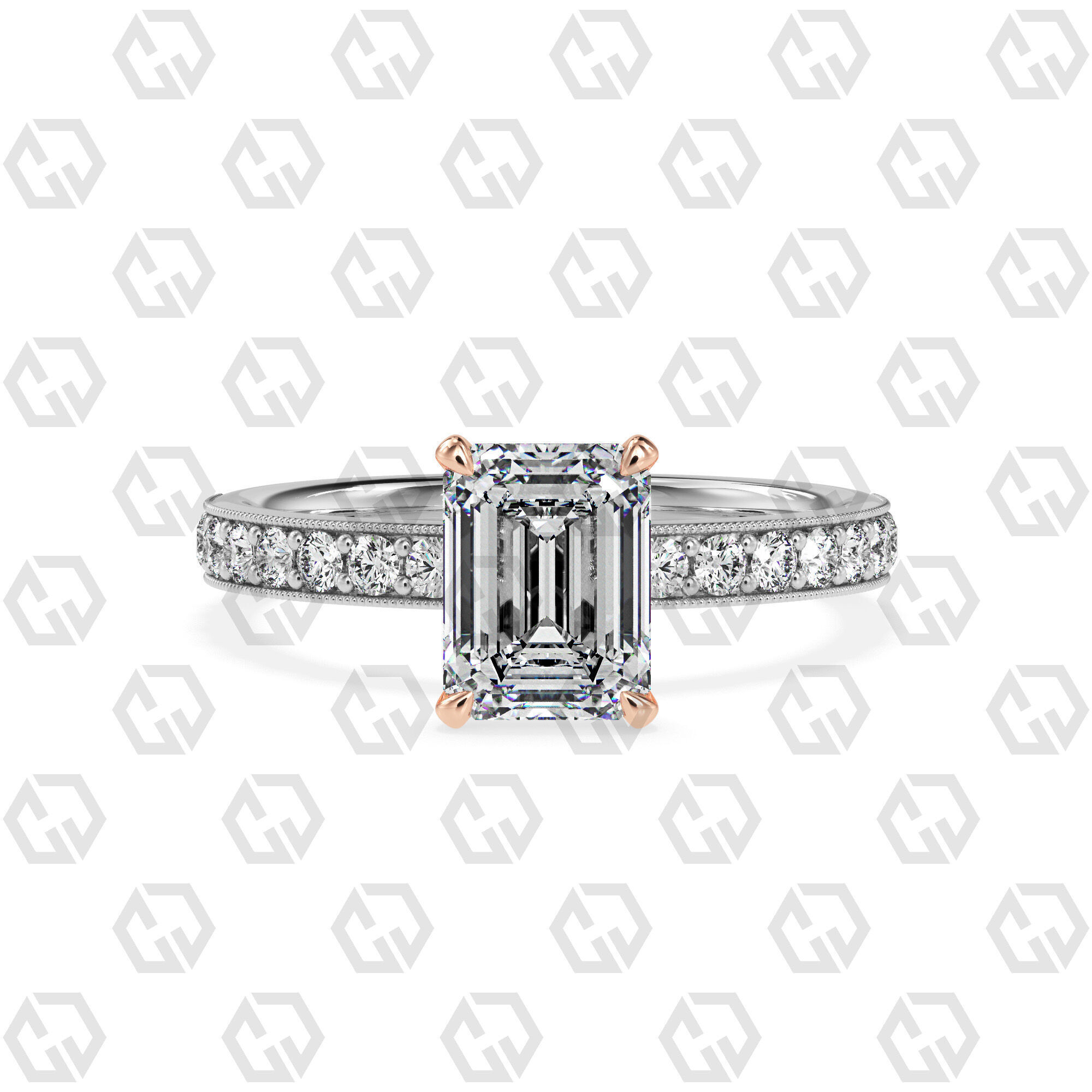 Ring 163 Emerald Shape milgrain pave set ring with Gems 3D print model_3