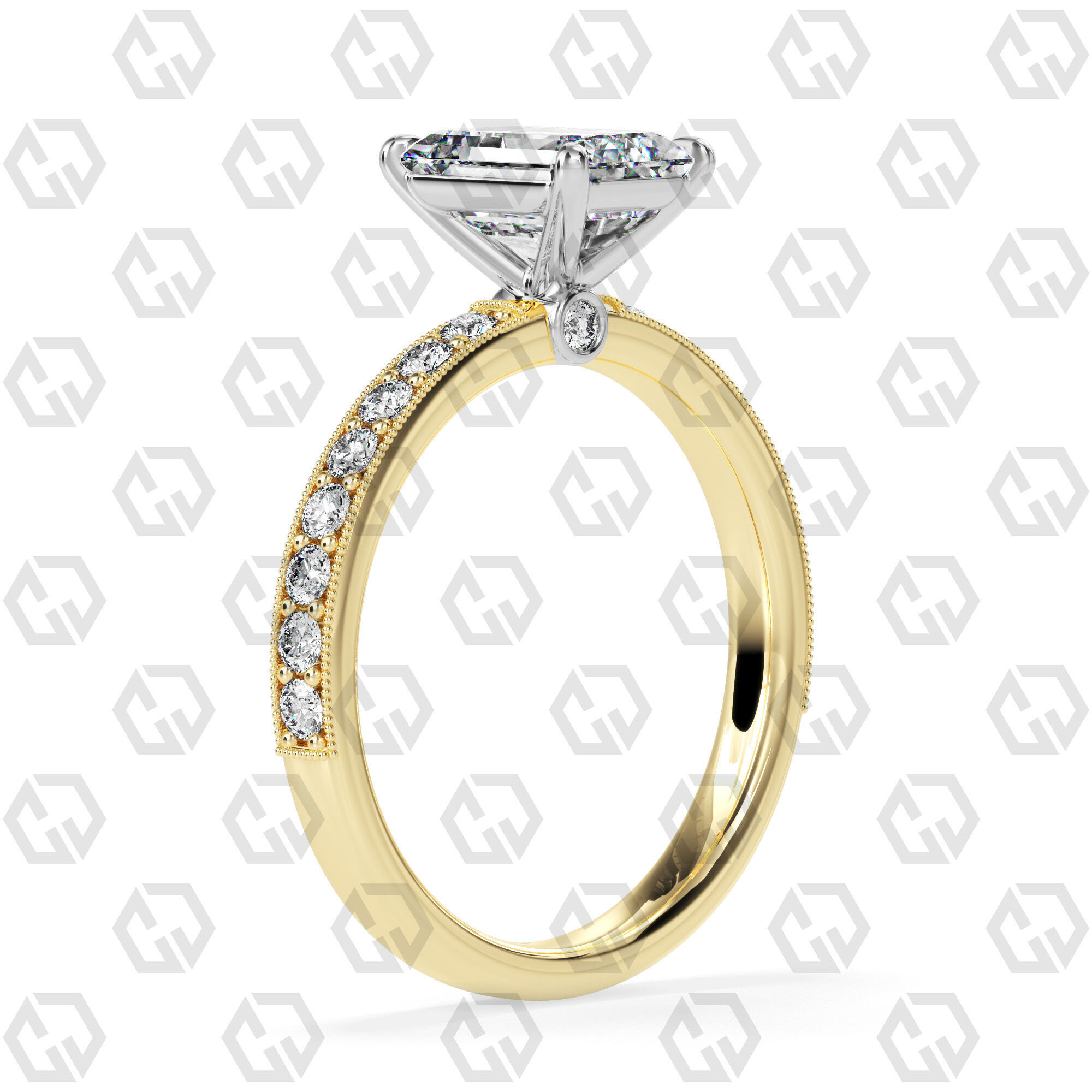 Ring 163 Emerald Shape milgrain pave set ring with Gems 3D print model_8