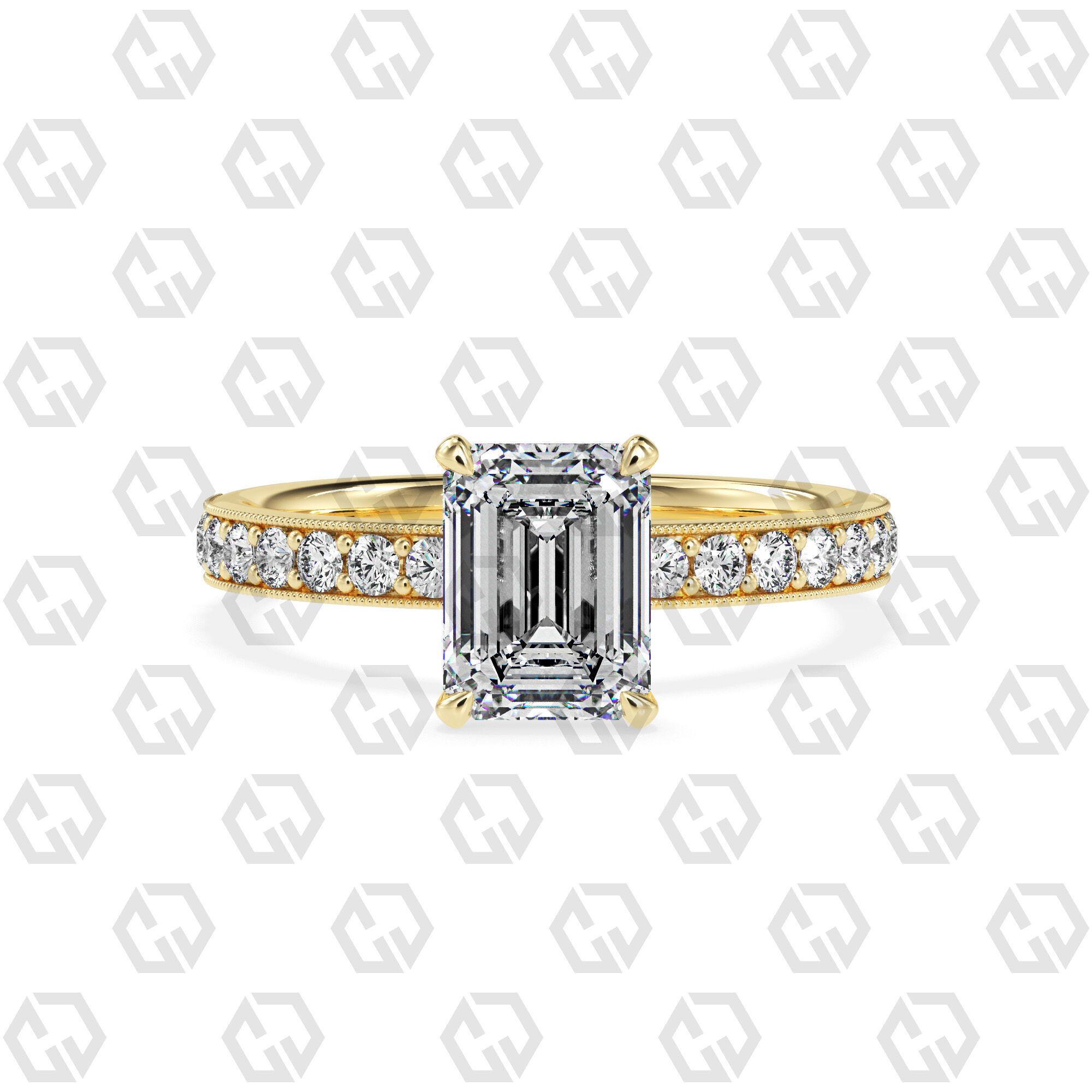 Ring 163 Emerald Shape milgrain pave set ring with Gems 3D print model_13