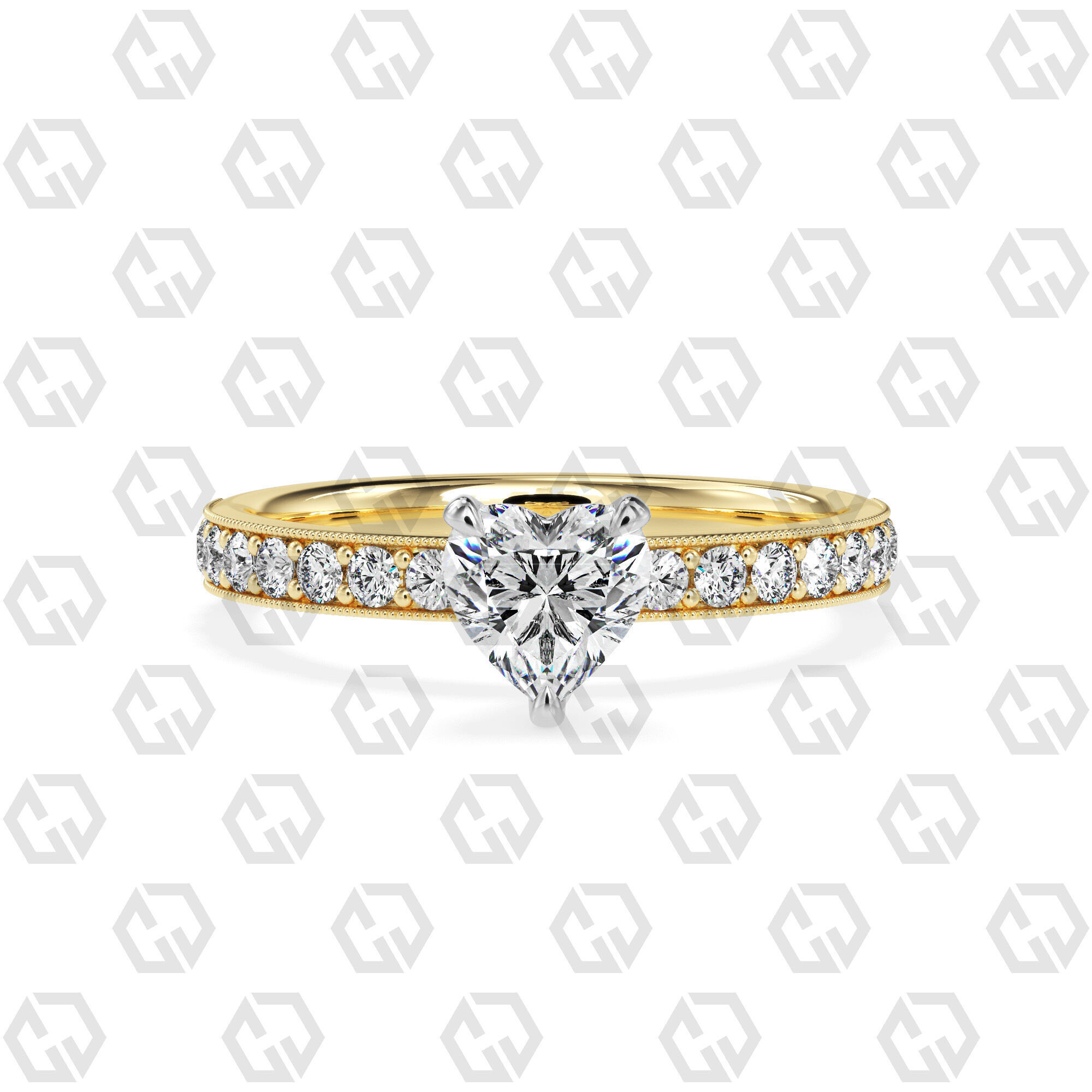 Ring 164 Heart Shape milgrain pave set ring with Gems 3D print model_9