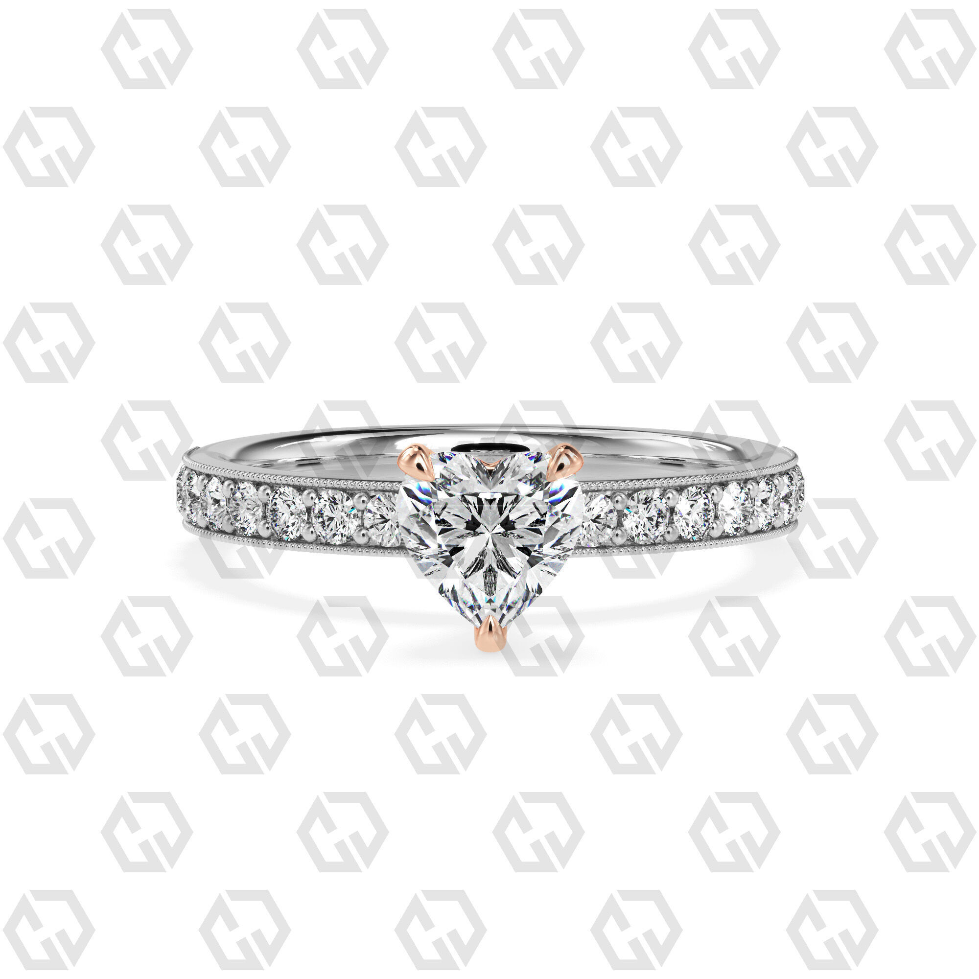 Ring 164 Heart Shape milgrain pave set ring with Gems 3D print model_3