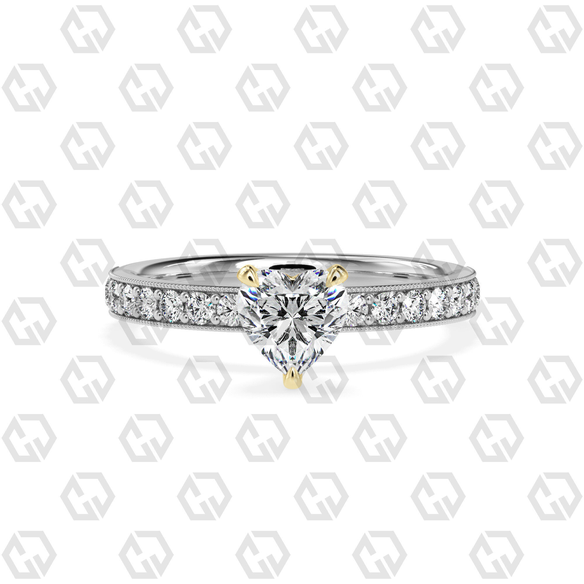 Ring 164 Heart Shape milgrain pave set ring with Gems 3D print model_11