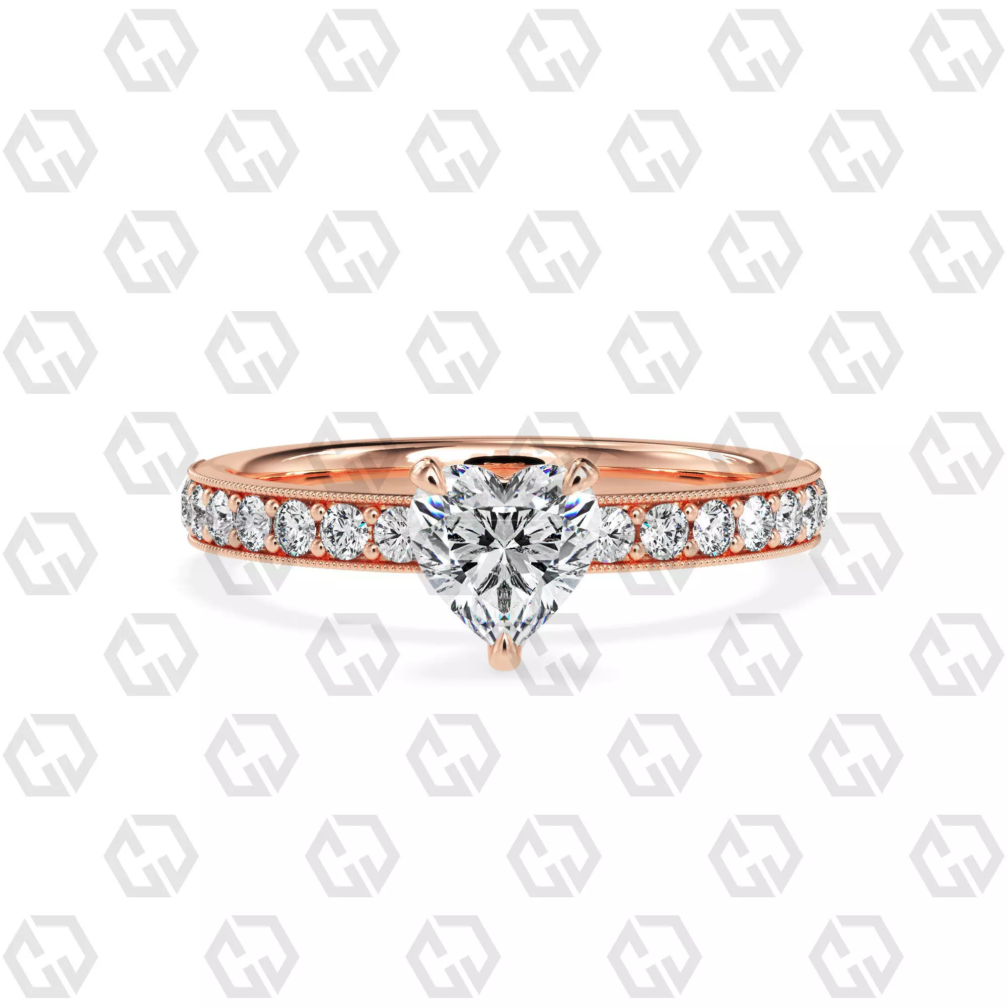Ring 164 Heart Shape milgrain pave set ring with Gems 3D print model_0