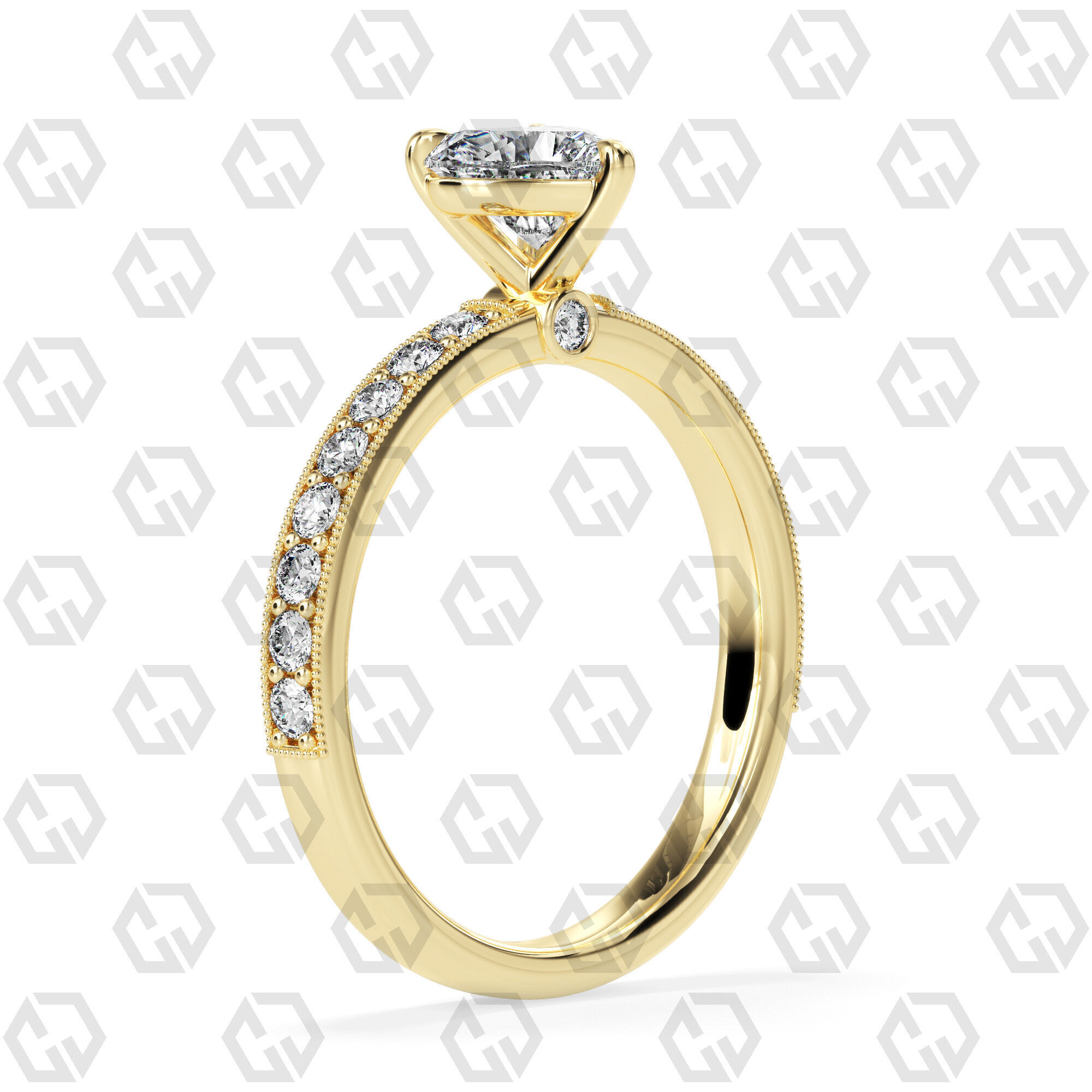 Ring 164 Heart Shape milgrain pave set ring with Gems 3D print model_12